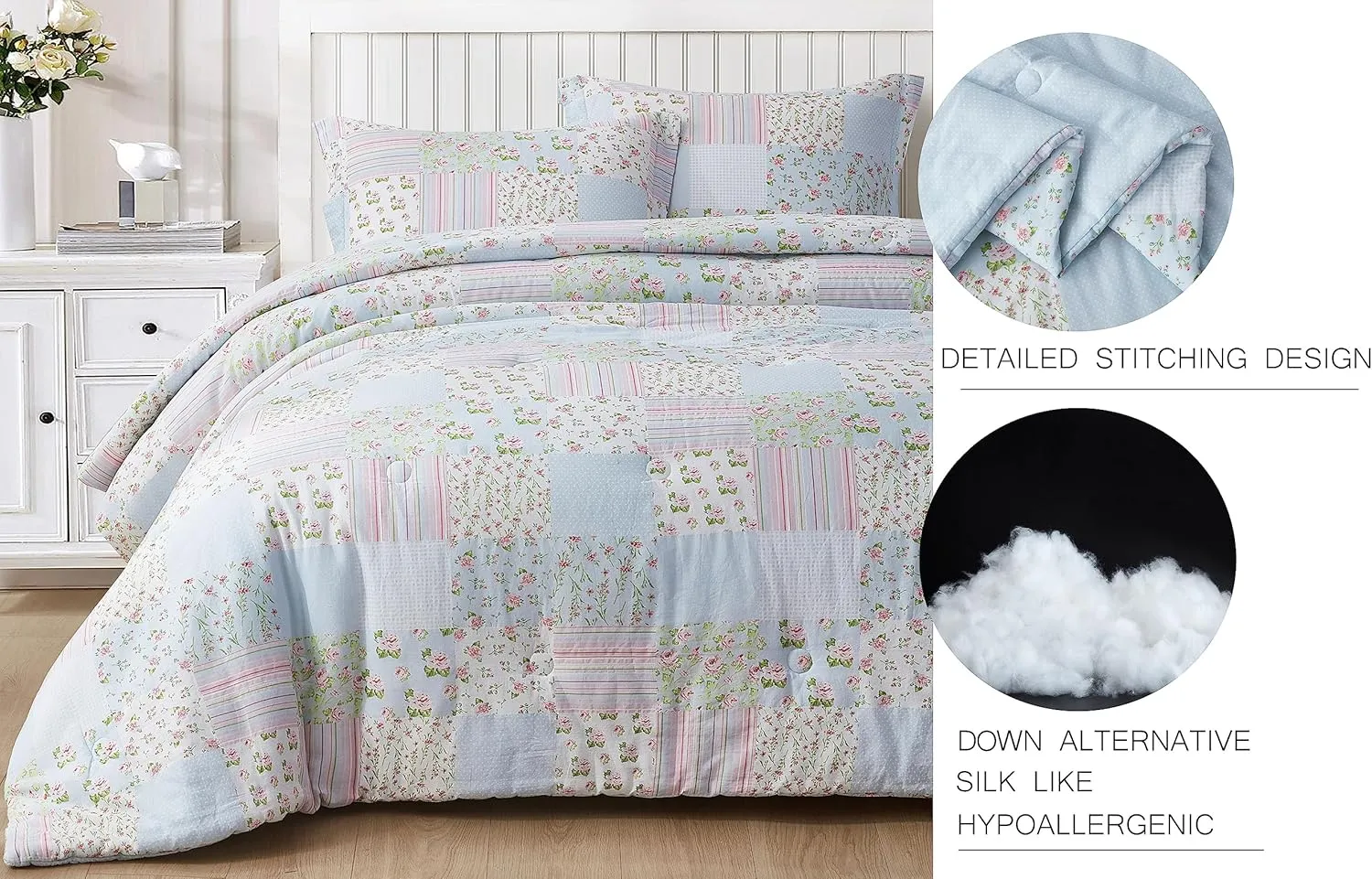 Chezmoi Collection Holly 3-Piece Washed Cotton Comforter Set Queen Size - Floral Bedding Set Blue White Pink Green Polka Dot Printed Patchwork Reversible Lightweight Comforter for All Season