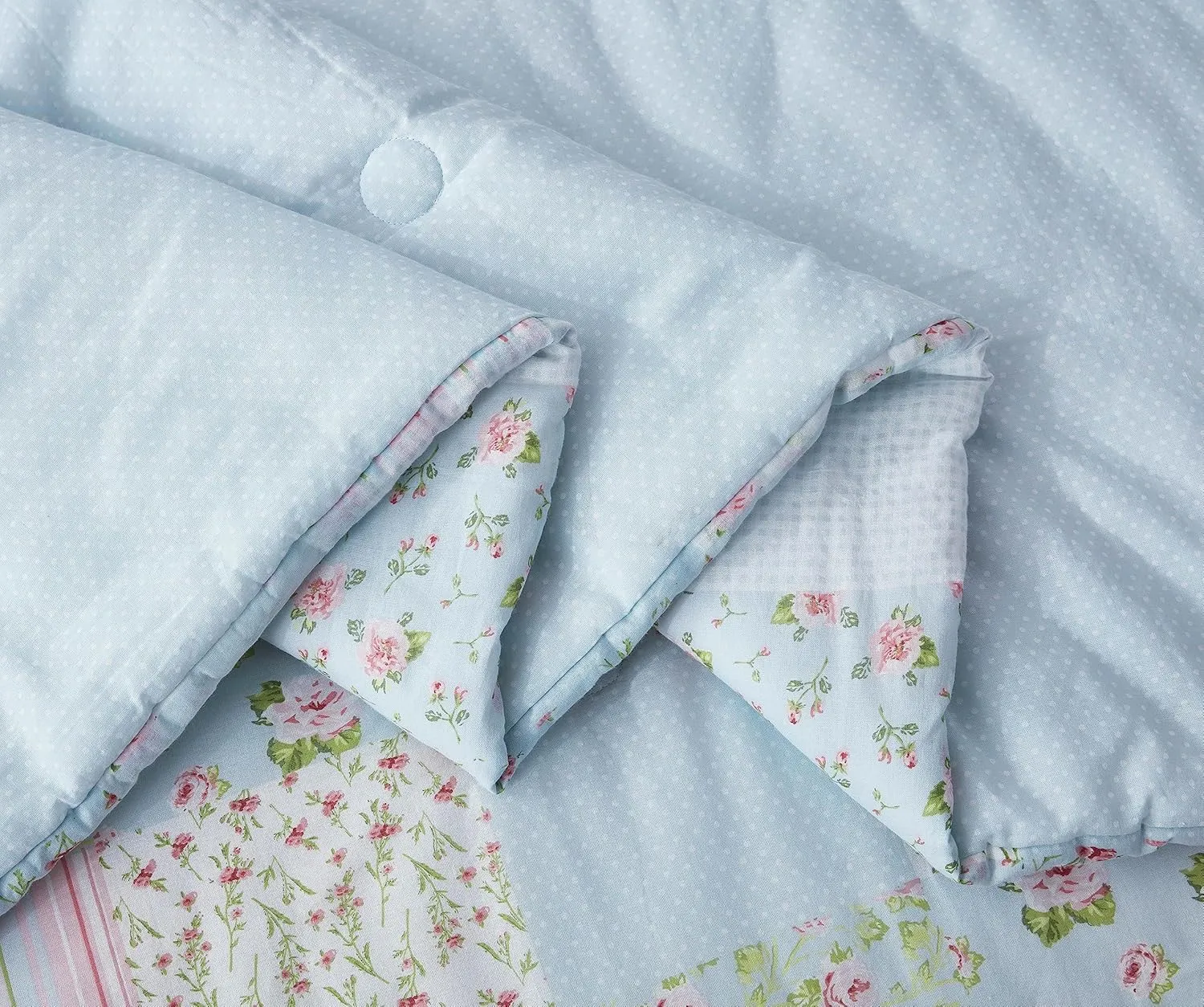Chezmoi Collection Holly 3-Piece Washed Cotton Comforter Set Queen Size - Floral Bedding Set Blue White Pink Green Polka Dot Printed Patchwork Reversible Lightweight Comforter for All Season