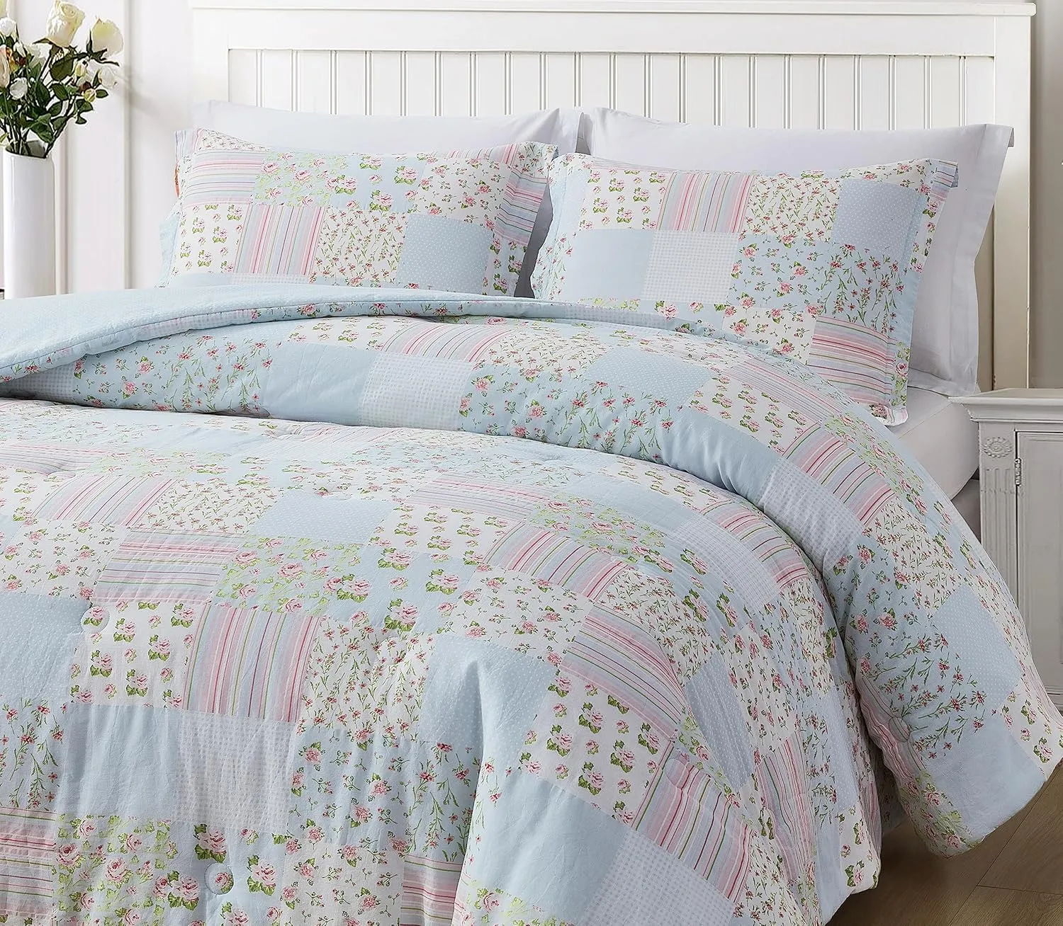 Chezmoi Collection Holly 3-Piece Washed Cotton Comforter Set Queen Size - Floral Bedding Set Blue White Pink Green Polka Dot Printed Patchwork Reversible Lightweight Comforter for All Season
