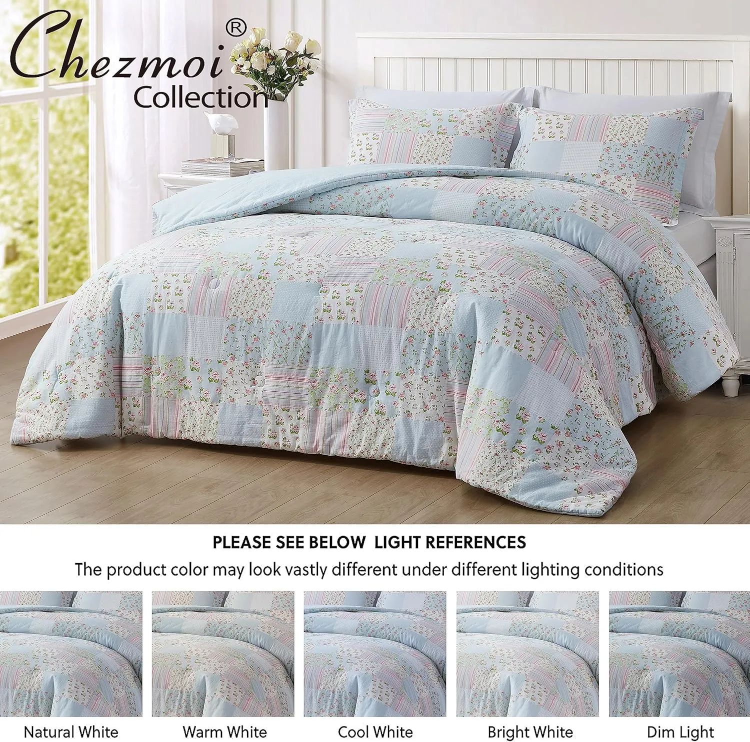 Chezmoi Collection Holly 3-Piece Washed Cotton Comforter Set Queen Size - Floral Bedding Set Blue White Pink Green Polka Dot Printed Patchwork Reversible Lightweight Comforter for All Season