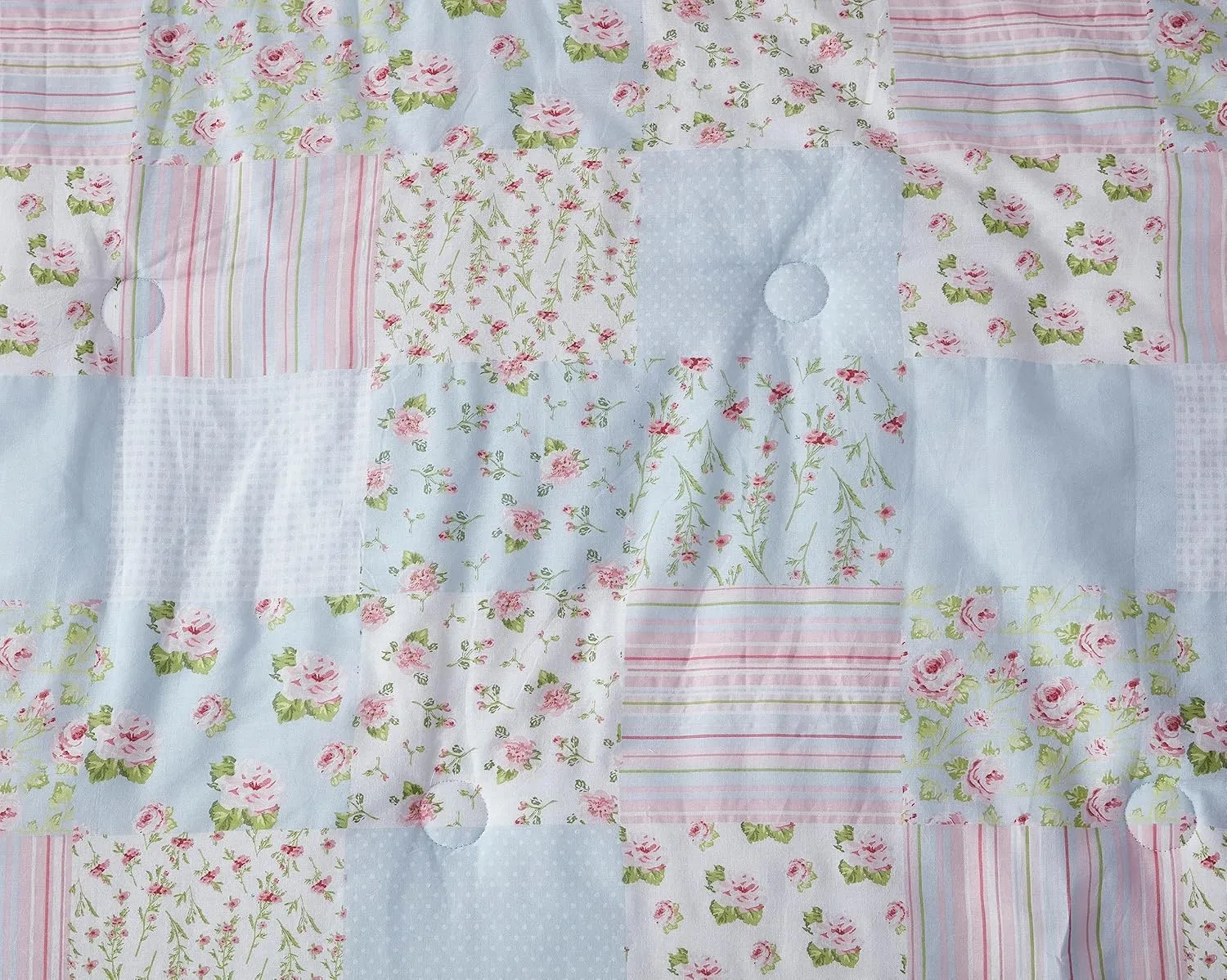 Chezmoi Collection Holly 3-Piece Washed Cotton Comforter Set Queen Size - Floral Bedding Set Blue White Pink Green Polka Dot Printed Patchwork Reversible Lightweight Comforter for All Season