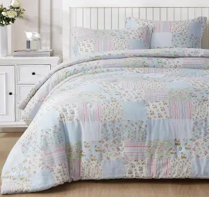Chezmoi Collection Holly 3-Piece Washed Cotton Comforter Set Queen Size - Floral Bedding Set Blue White Pink Green Polka Dot Printed Patchwork Reversible Lightweight Comforter for All Season