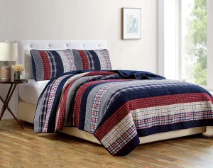 Chezmoi Collection Milton 3-Piece Plaid Checkered Patchwork Striped Quilted 100% Washed Cotton Reversible Bedspread Quilt Set, Queen