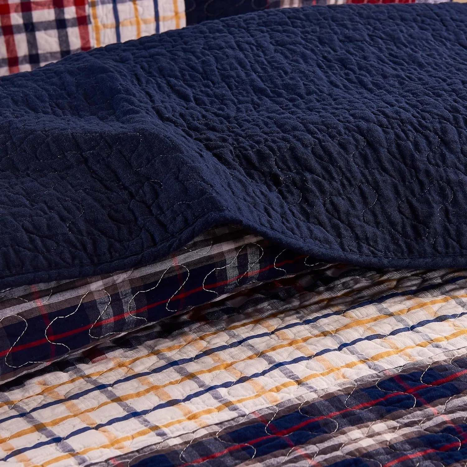Chezmoi Collection Milton 3-Piece Plaid Checkered Patchwork Striped Quilted 100% Washed Cotton Reversible Bedspread Quilt Set, Queen