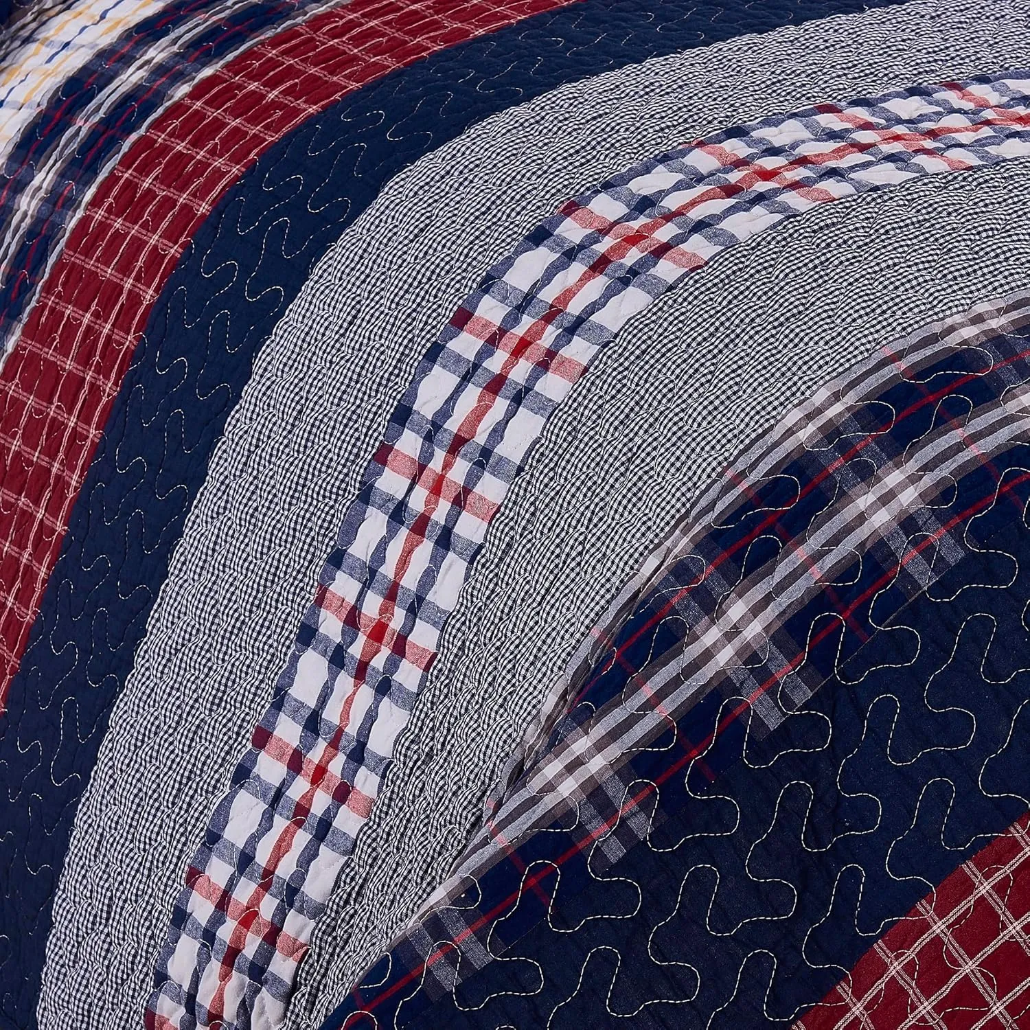 Chezmoi Collection Milton 3-Piece Plaid Checkered Patchwork Striped Quilted 100% Washed Cotton Reversible Bedspread Quilt Set, Queen