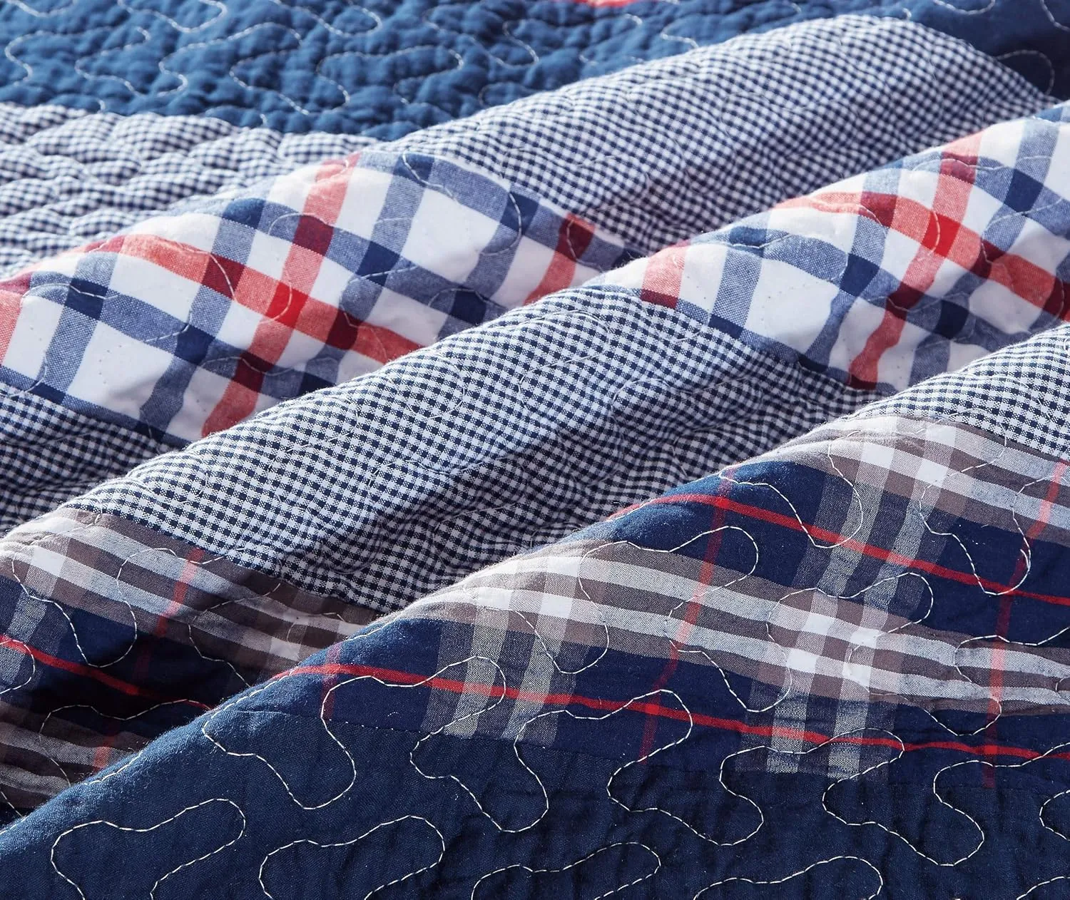 Chezmoi Collection Milton 3-Piece Plaid Checkered Patchwork Striped Quilted 100% Washed Cotton Reversible Bedspread Quilt Set, Queen