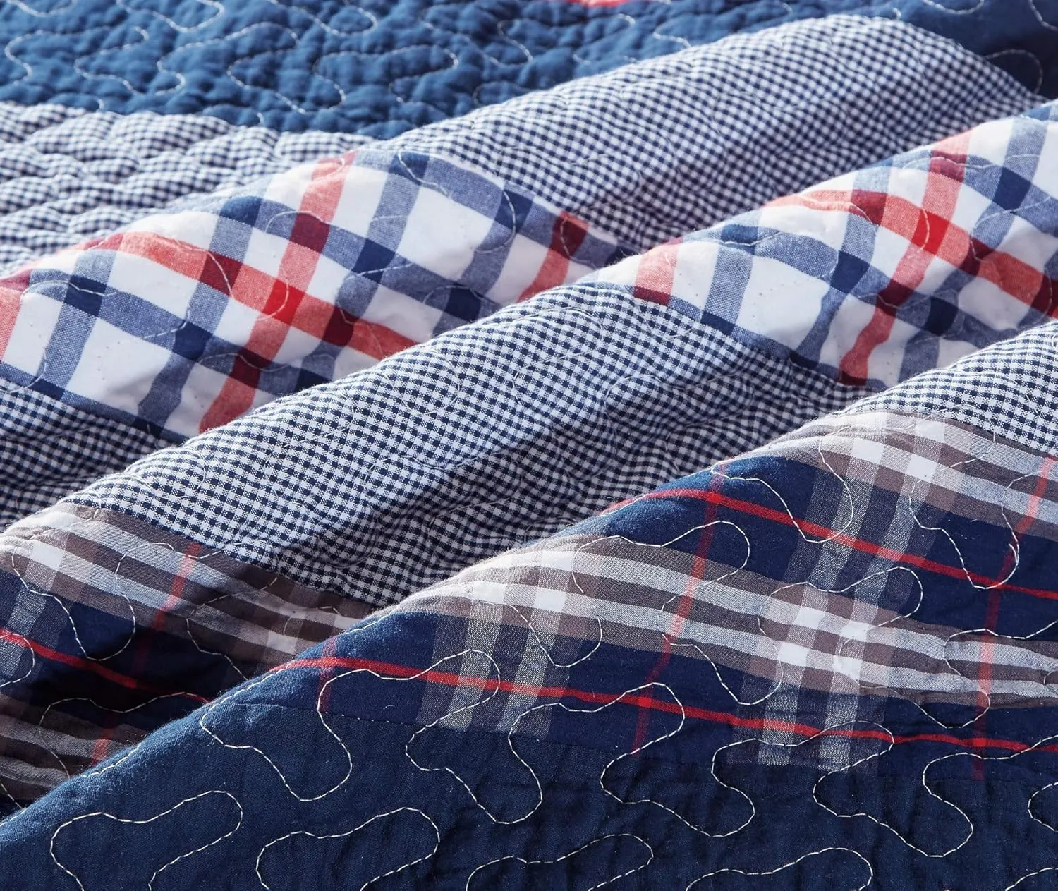 Chezmoi Collection Milton 5-Piece Plaid Checkered Striped Quilted Daybed Cover Set, Washed Cotton Quilt Set, Daybed Size