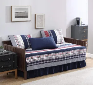 Chezmoi Collection Milton 5-Piece Plaid Checkered Striped Quilted Daybed Cover Set, Washed Cotton Quilt Set, Daybed Size