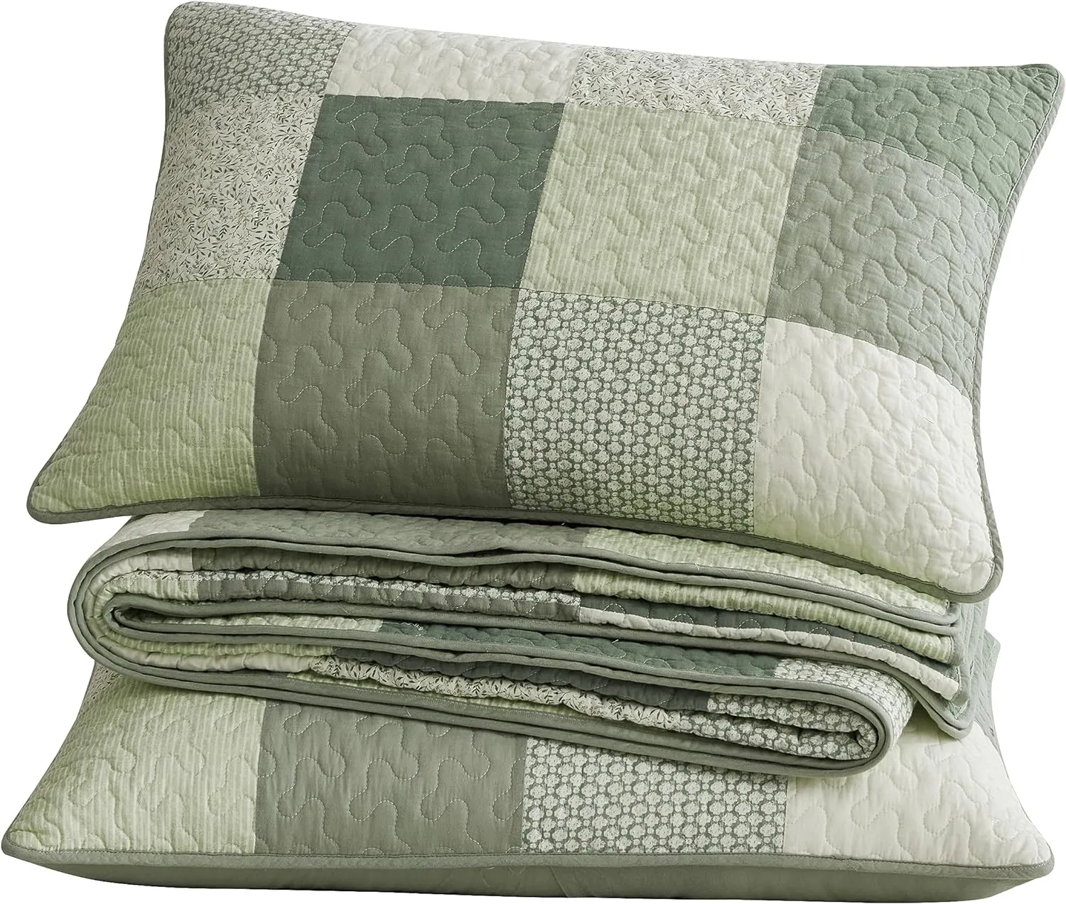 Chezmoi Collection Orna 2-Piece Chic Patchwork Quilt Set - Green Floral Patch Coverlet - Pre-Washed Cotton Lightweight Reversible Bedspread, Twin Size