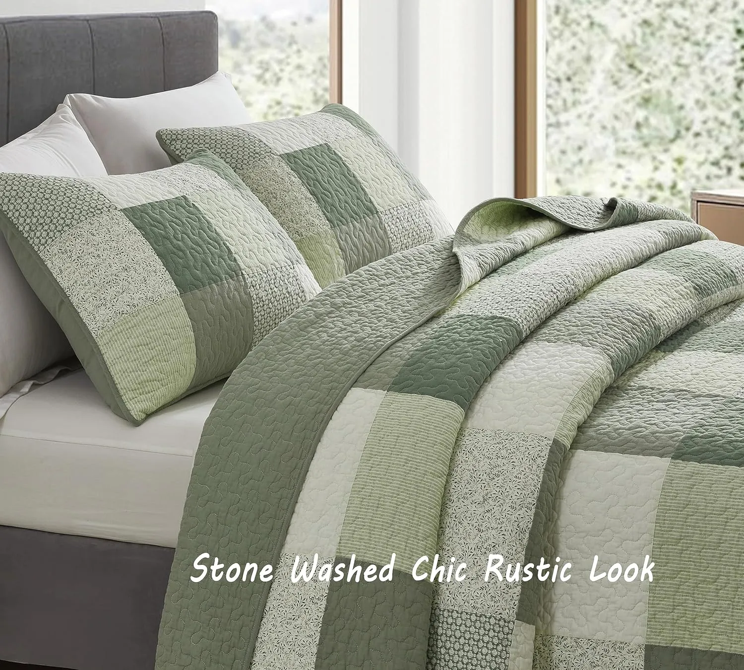 Chezmoi Collection Orna 2-Piece Chic Patchwork Quilt Set - Green Floral Patch Coverlet - Pre-Washed Cotton Lightweight Reversible Bedspread, Twin Size