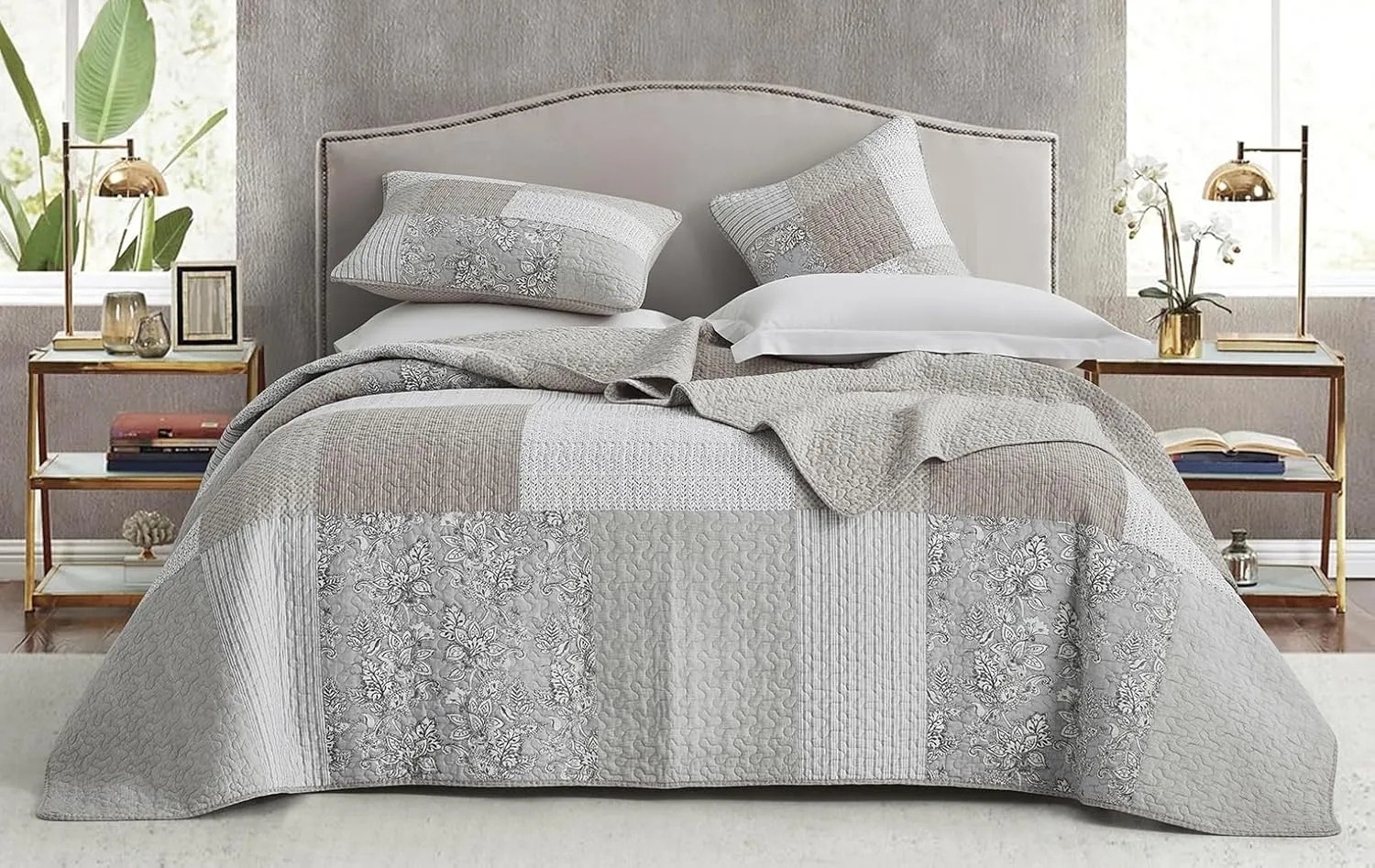Chezmoi Collection Quinn 3-Piece Neutral Taupe Gray White Floral Hibiscus Flower Candy Stripe Patchwork Quilt Set - Pre-Washed Cotton Coverlet - Lightweight Reversible Bedspread, Oversized King Size