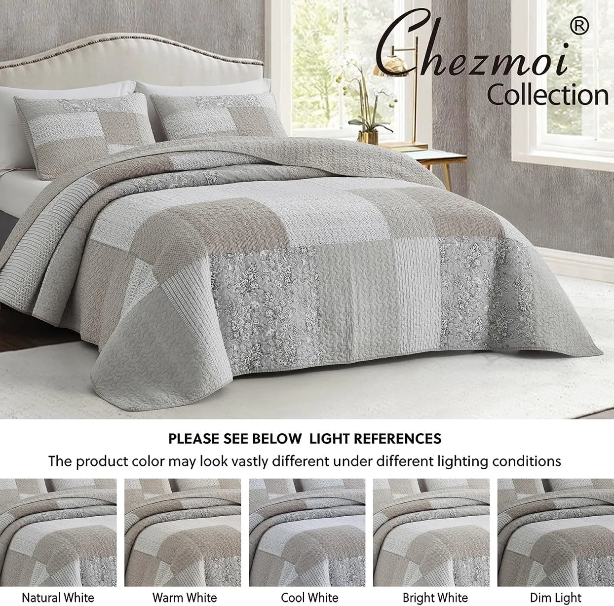 Chezmoi Collection Quinn 3-Piece Neutral Taupe Gray White Floral Hibiscus Flower Candy Stripe Patchwork Quilt Set - Pre-Washed Cotton Coverlet - Lightweight Reversible Bedspread, Oversized King Size