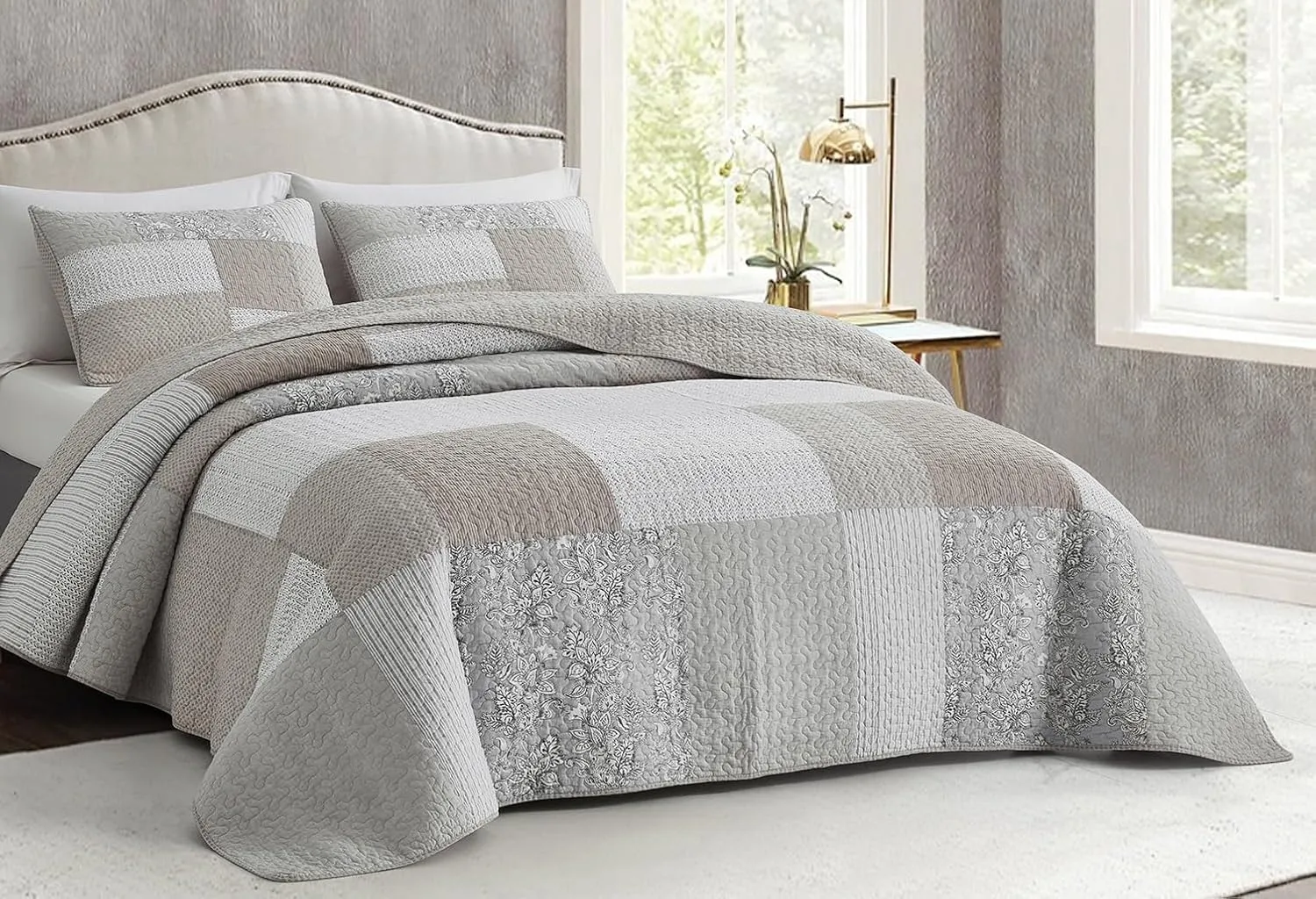 Chezmoi Collection Quinn 3-Piece Neutral Taupe Gray White Floral Hibiscus Flower Candy Stripe Patchwork Quilt Set - Pre-Washed Cotton Coverlet - Lightweight Reversible Bedspread, Oversized King Size