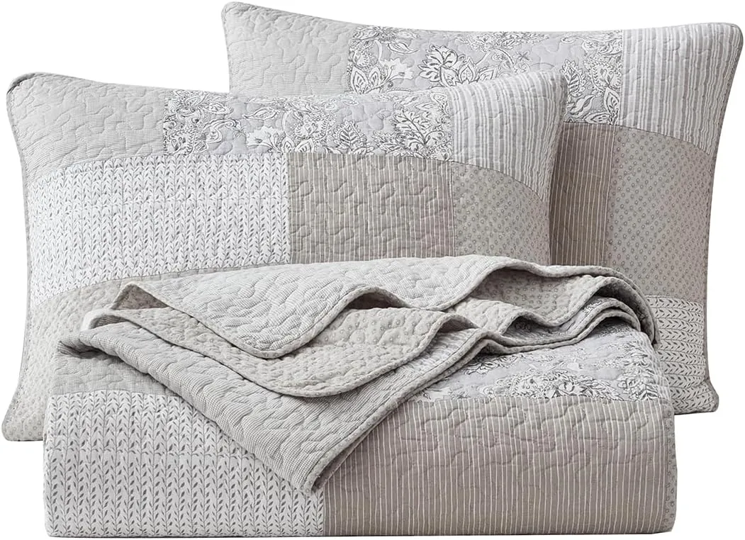 Chezmoi Collection Quinn 3-Piece Neutral Taupe Gray White Floral Hibiscus Flower Candy Stripe Patchwork Quilt Set - Pre-Washed Cotton Coverlet - Lightweight Reversible Bedspread, Oversized King Size