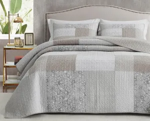 Chezmoi Collection Quinn 3-Piece Neutral Taupe Gray White Floral Hibiscus Flower Candy Stripe Patchwork Quilt Set - Pre-Washed Cotton Coverlet - Lightweight Reversible Bedspread, Oversized King Size