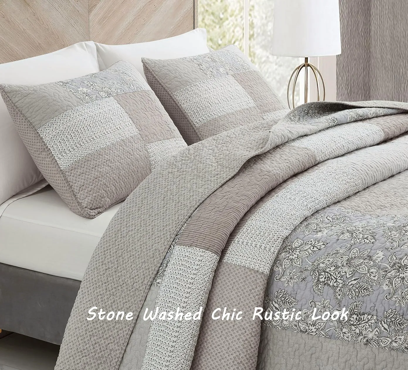 Chezmoi Collection Quinn 3-Piece Neutral Taupe Gray White Floral Hibiscus Flower Candy Stripe Patchwork Quilt Set - Pre-Washed Cotton Coverlet - Lightweight Reversible Bedspread, Oversized King Size