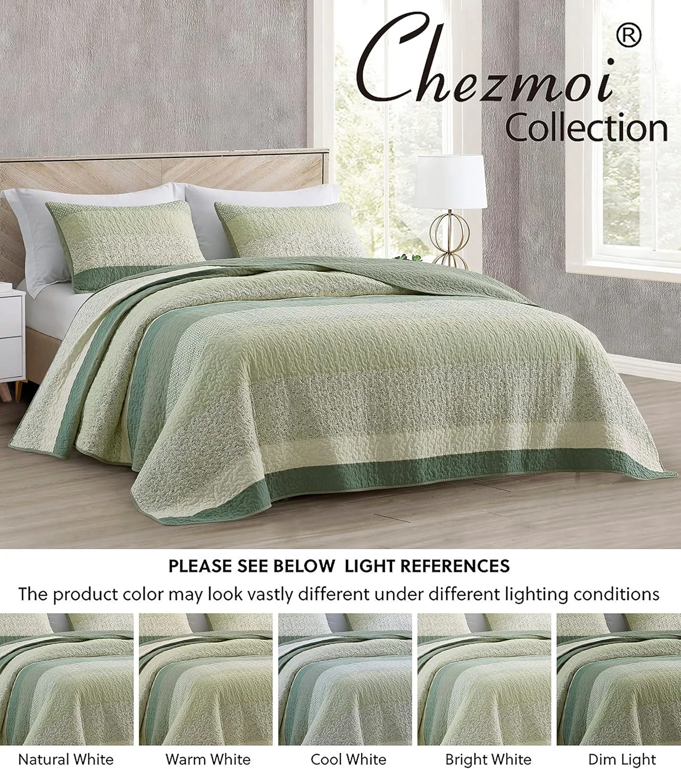 Chezmoi Collection Reed 3-Piece Chic Patchwork Striped Quilt Set - Green Floral Coverlet - Pre-Washed Cotton Lightweight Reversible Bedspread, King Size