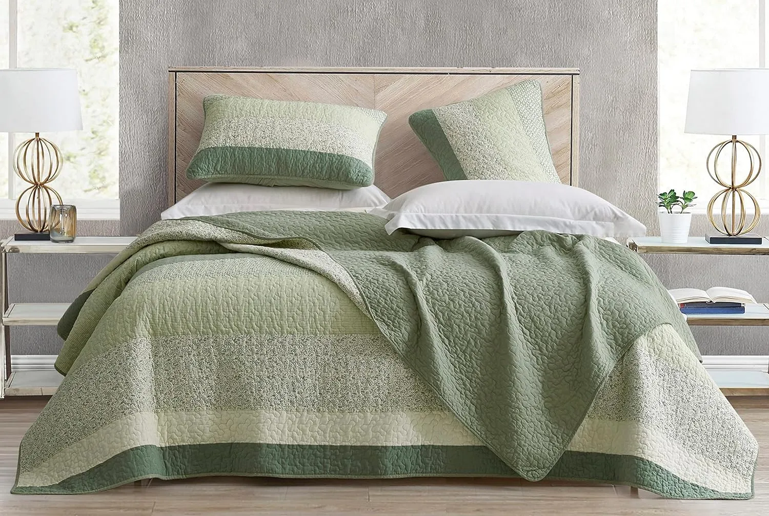 Chezmoi Collection Reed 3-Piece Chic Patchwork Striped Quilt Set - Green Floral Coverlet - Pre-Washed Cotton Lightweight Reversible Bedspread, King Size