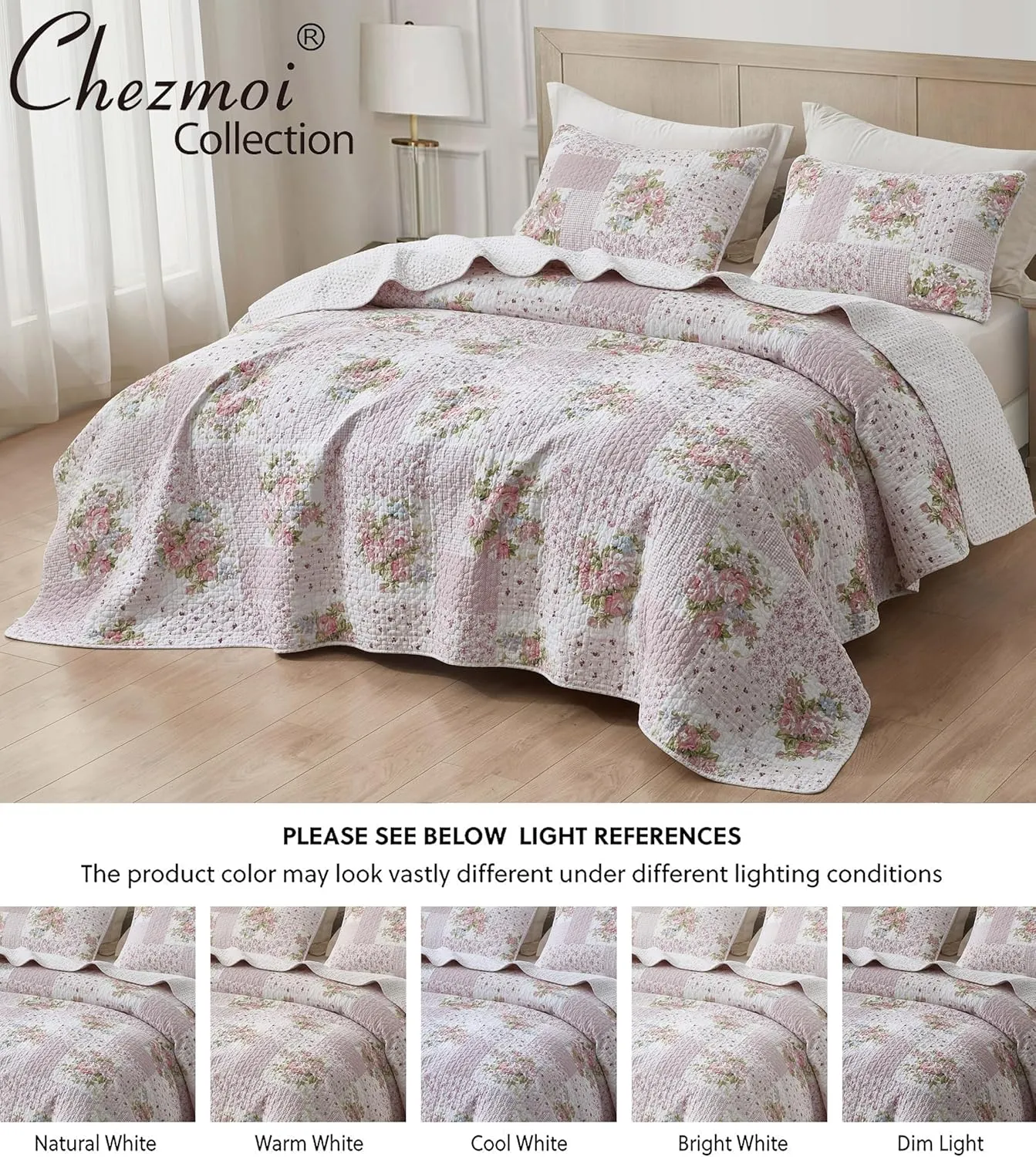 Chezmoi Collection Rosy 2-Piece Twin Size Printed Patchwork Cotton Quilt Set - Pink Flower Floral Striped Polka Dots - Stone Washed Lightweight Bedspread, Twin Size