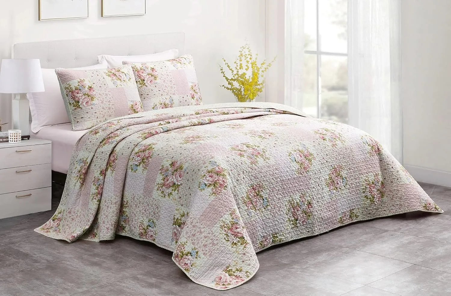 Chezmoi Collection Rosy 2-Piece Twin Size Printed Patchwork Cotton Quilt Set - Pink Flower Floral Striped Polka Dots - Stone Washed Lightweight Bedspread, Twin Size
