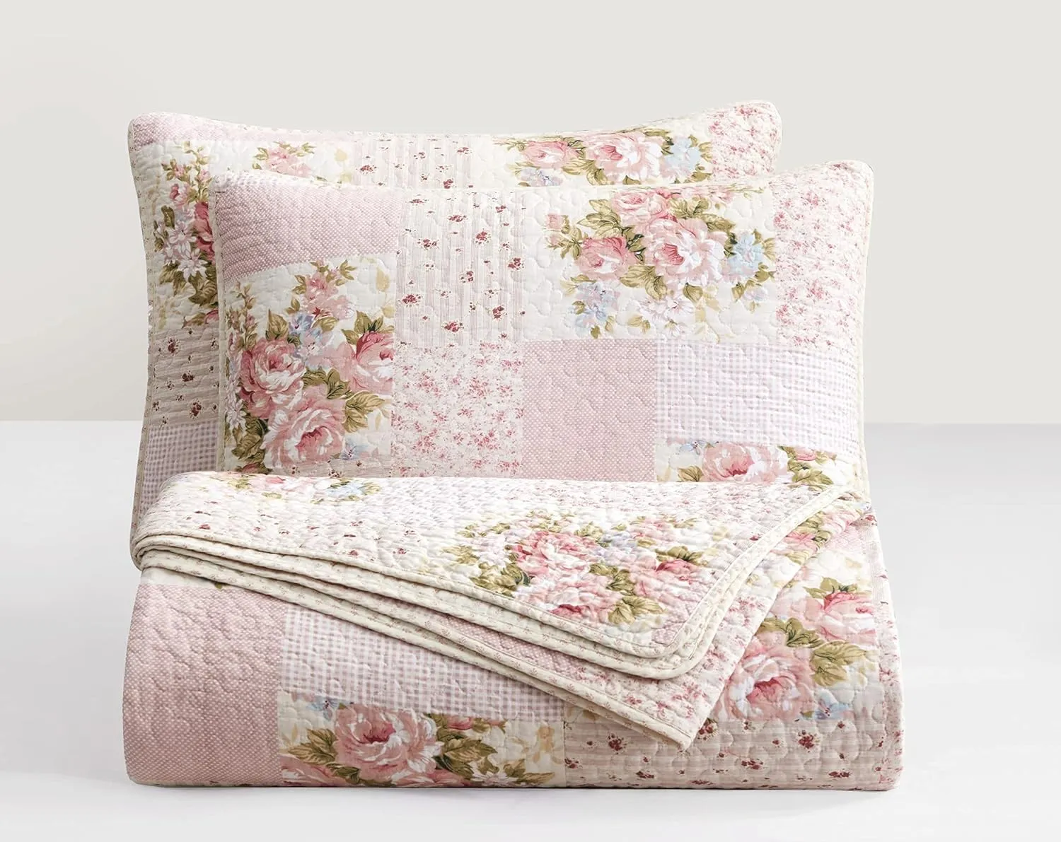 Chezmoi Collection Rosy 2-Piece Twin Size Printed Patchwork Cotton Quilt Set - Pink Flower Floral Striped Polka Dots - Stone Washed Lightweight Bedspread, Twin Size