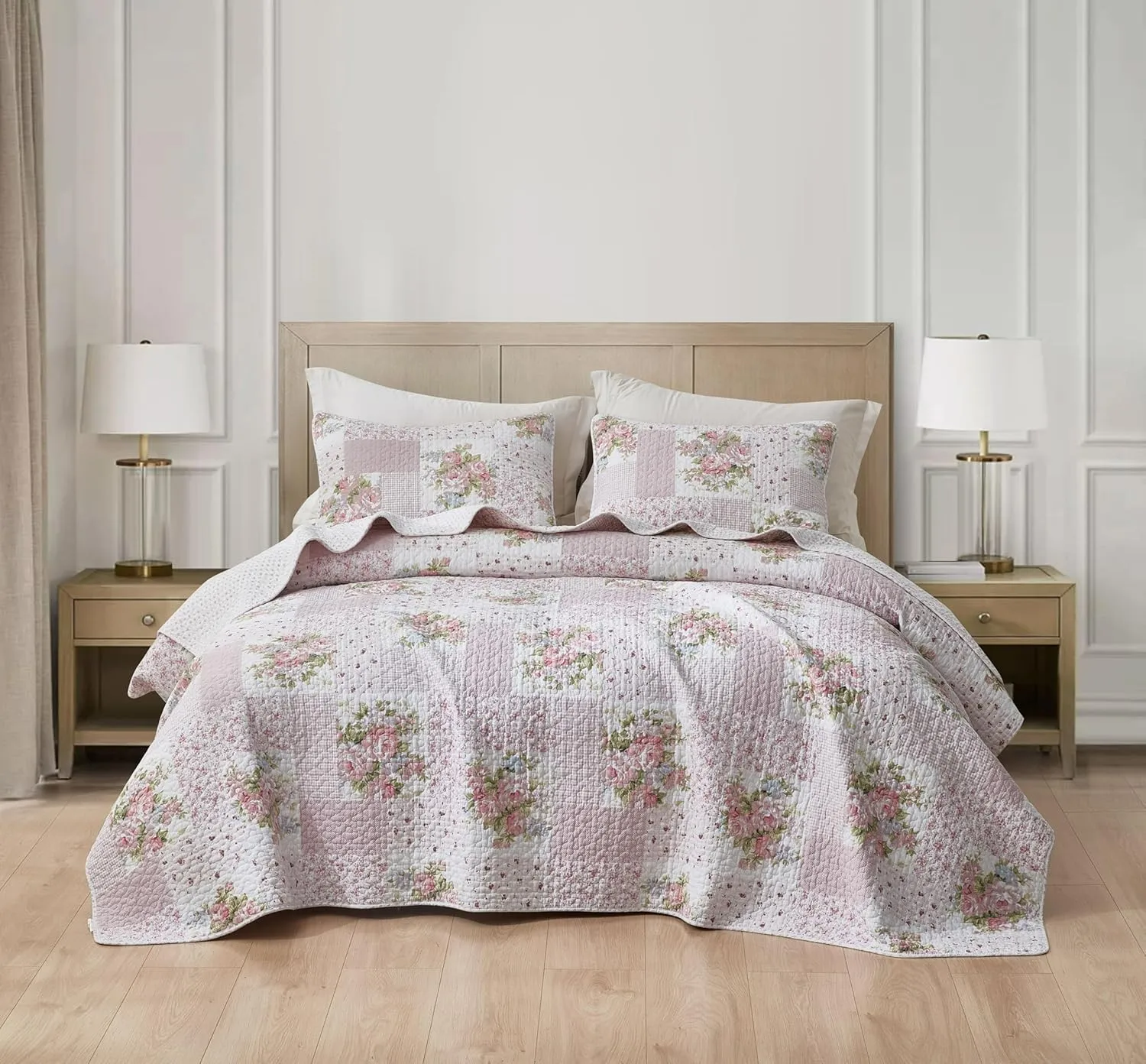 Chezmoi Collection Rosy 2-Piece Twin Size Printed Patchwork Cotton Quilt Set - Pink Flower Floral Striped Polka Dots - Stone Washed Lightweight Bedspread, Twin Size
