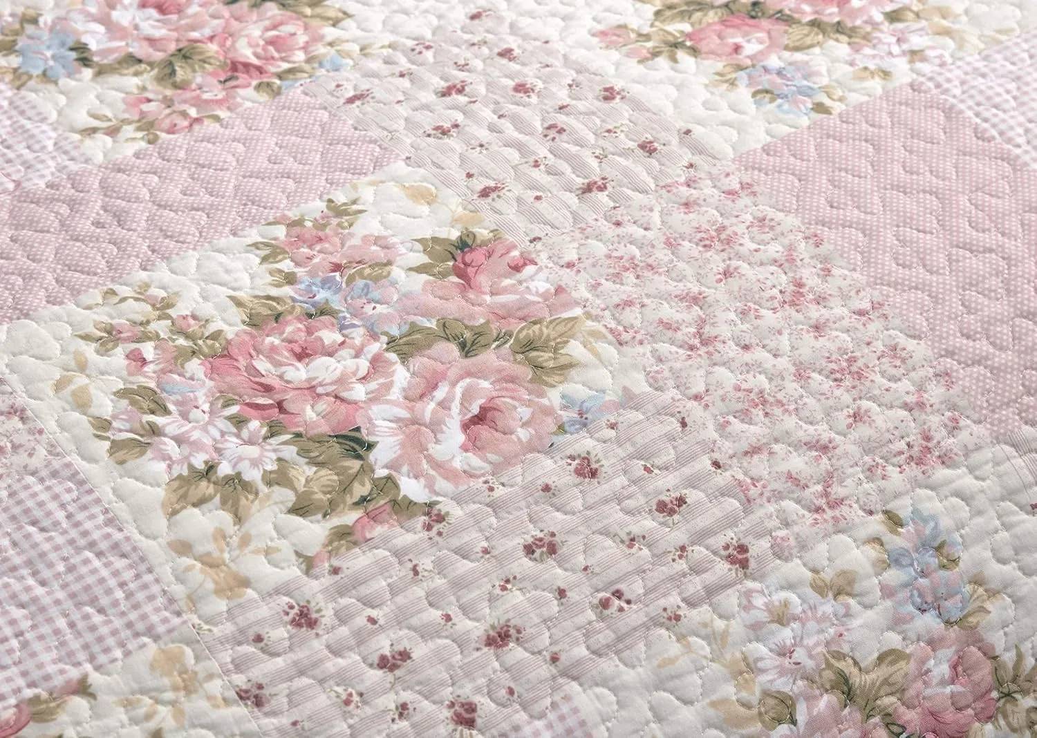 Chezmoi Collection Rosy 2-Piece Twin Size Printed Patchwork Cotton Quilt Set - Pink Flower Floral Striped Polka Dots - Stone Washed Lightweight Bedspread, Twin Size