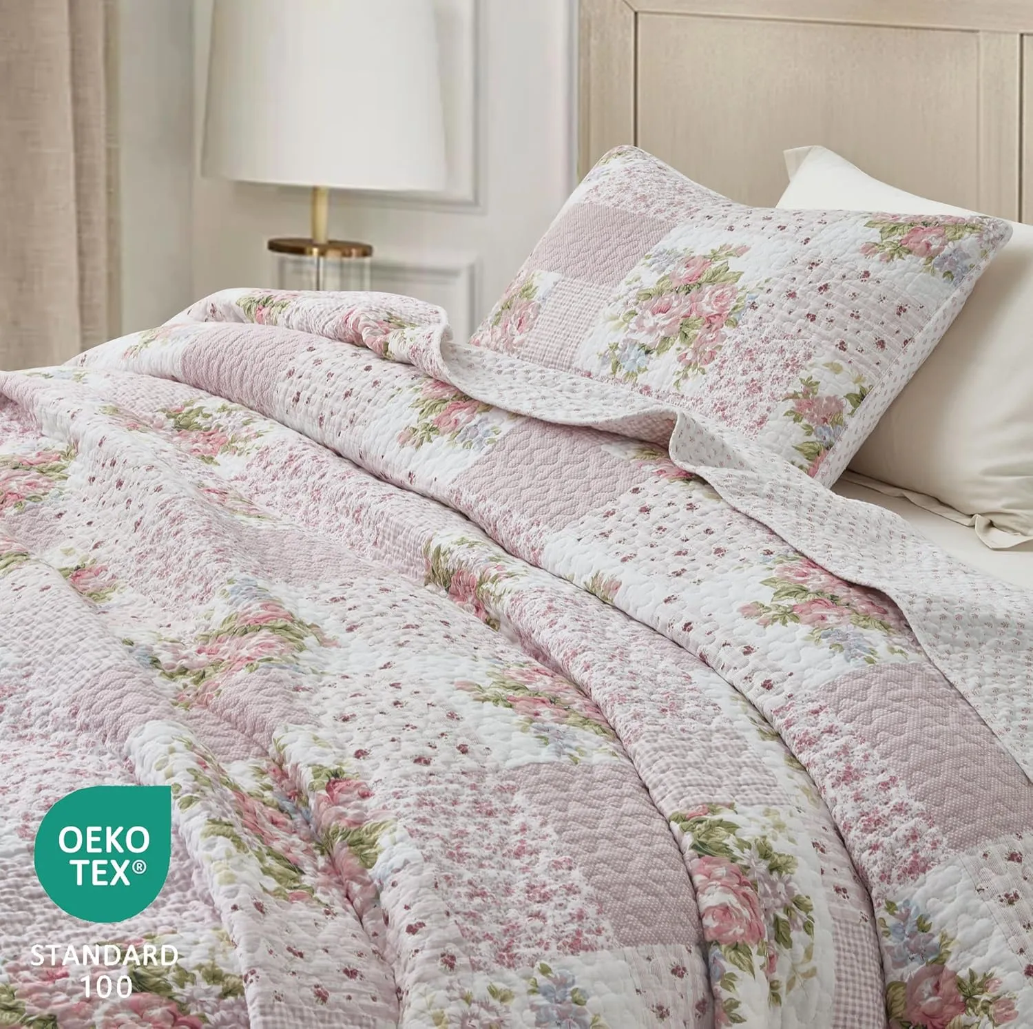 Chezmoi Collection Rosy 2-Piece Twin Size Printed Patchwork Cotton Quilt Set - Pink Flower Floral Striped Polka Dots - Stone Washed Lightweight Bedspread, Twin Size
