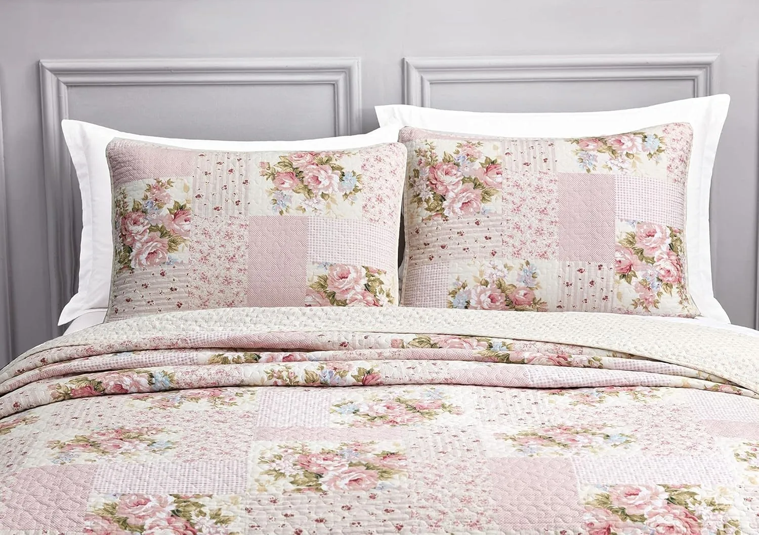 Chezmoi Collection Rosy 2-Piece Twin Size Printed Patchwork Cotton Quilt Set - Pink Flower Floral Striped Polka Dots - Stone Washed Lightweight Bedspread, Twin Size