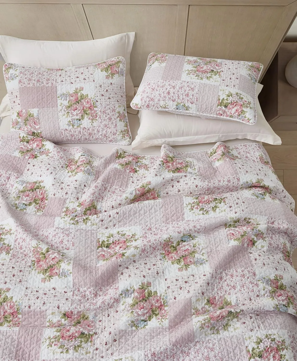 Chezmoi Collection Rosy 2-Piece Twin Size Printed Patchwork Cotton Quilt Set - Pink Flower Floral Striped Polka Dots - Stone Washed Lightweight Bedspread, Twin Size