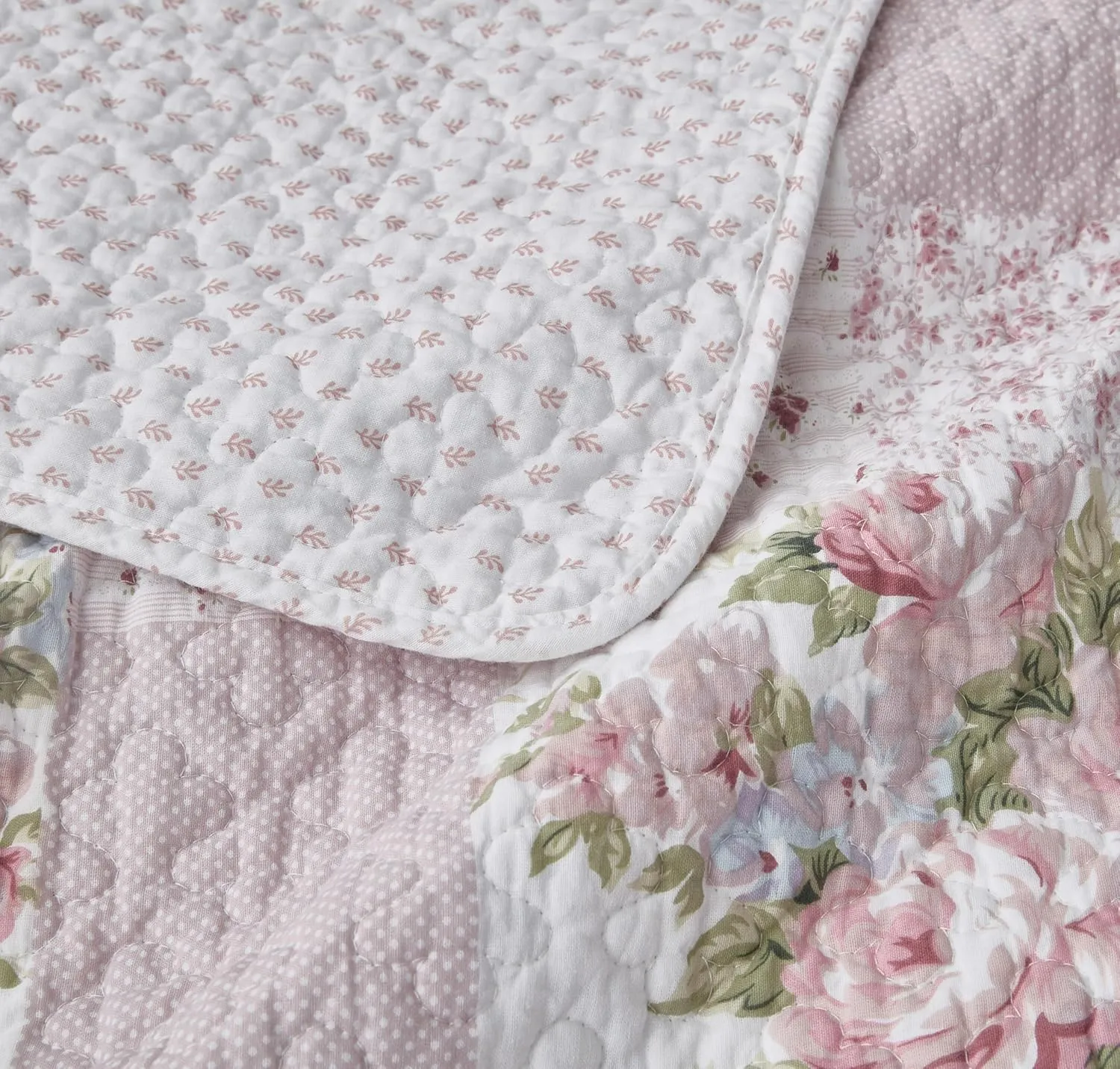 Chezmoi Collection Rosy 2-Piece Twin Size Printed Patchwork Cotton Quilt Set - Pink Flower Floral Striped Polka Dots - Stone Washed Lightweight Bedspread, Twin Size