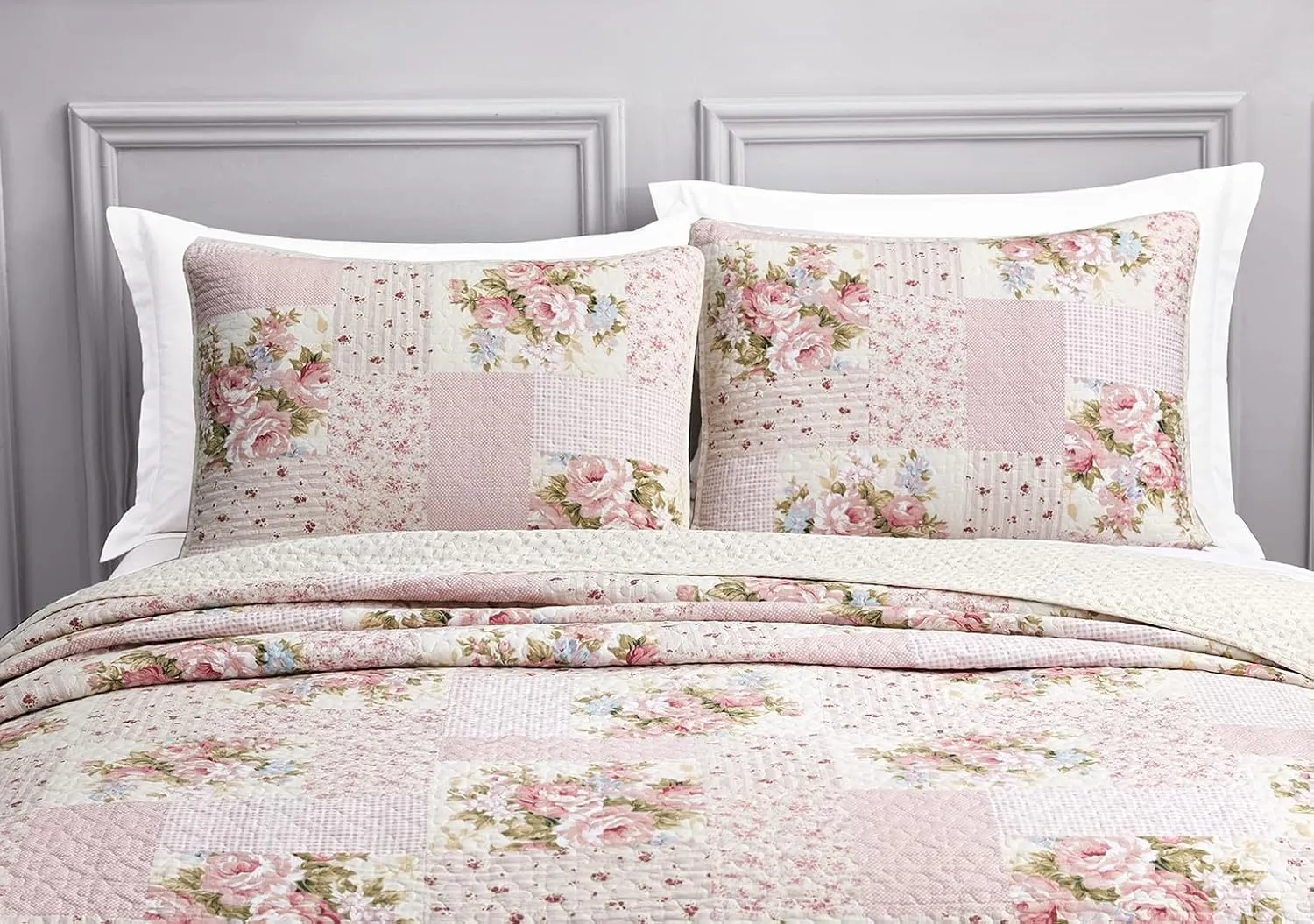 Chezmoi Collection Rosy 3-Piece Queen Size Printed Patchwork Cotton Quilt Set - Pink Flower Floral Striped Polka Dots - Stone Washed Lightweight Bedspread, Queen Size