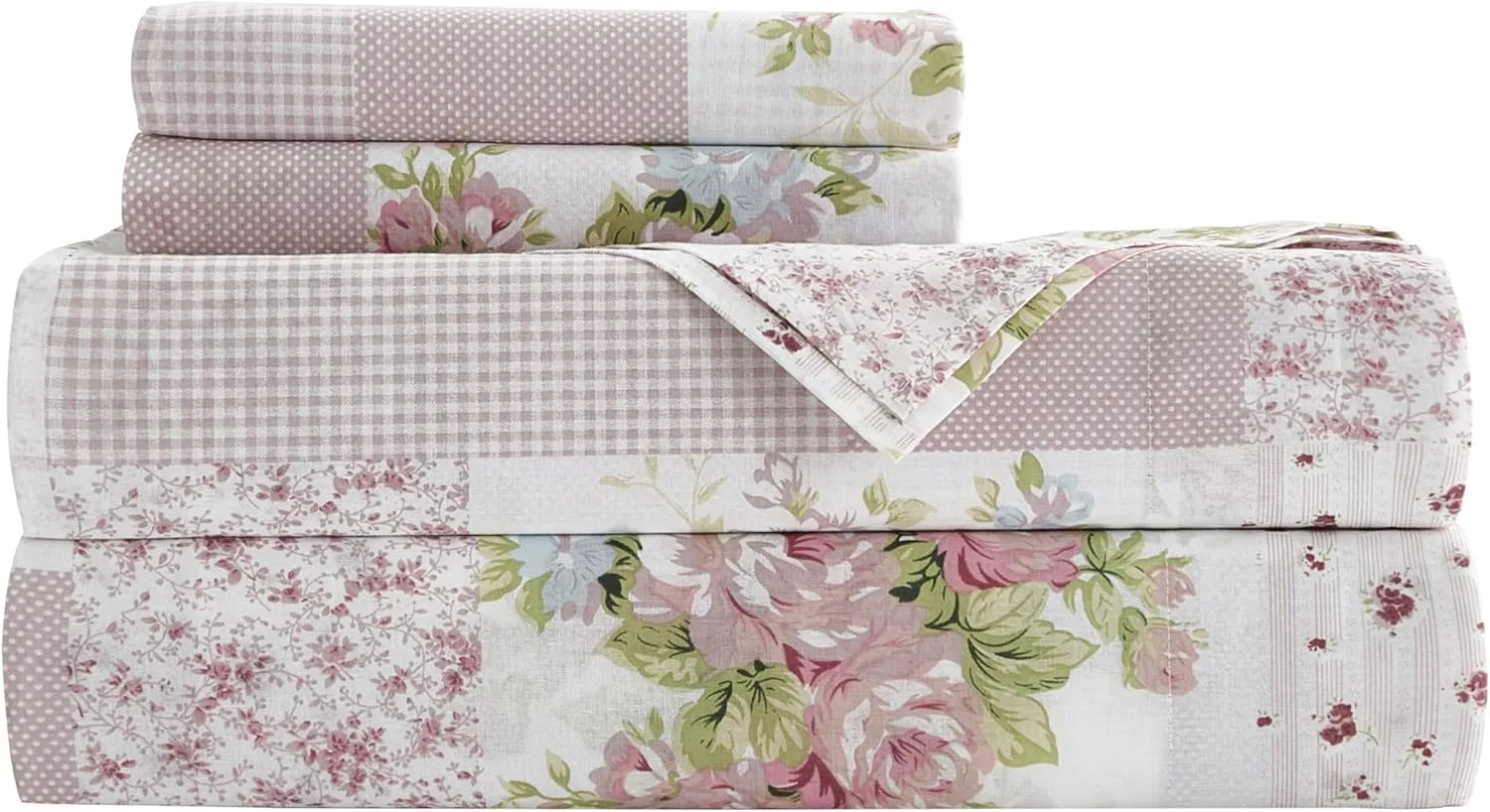 Chezmoi Collection Rosy 4-Piece Floral Patchwork Cotton Sheet Set King- Ivory Green Pink Flower Polka Dot Floral Patchwork Printed 100% Cotton Bed Sheets