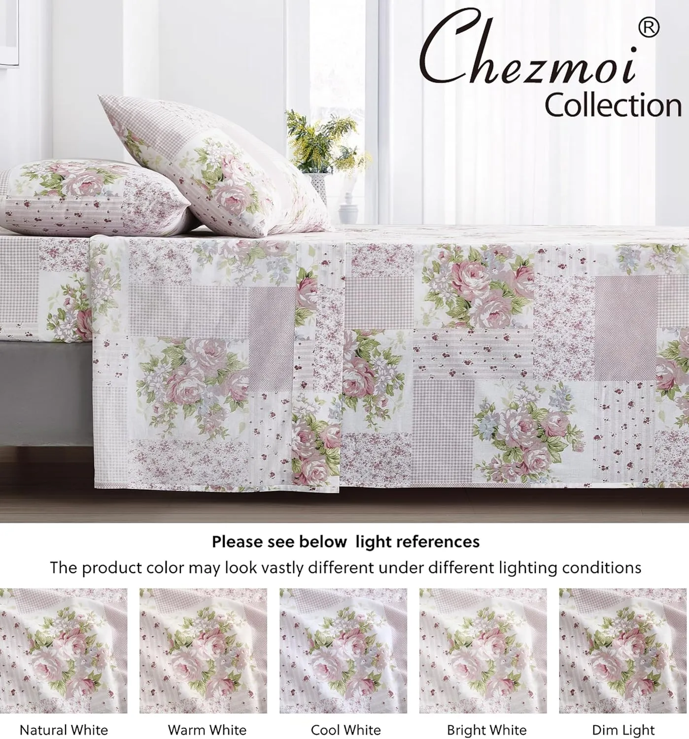 Chezmoi Collection Rosy 4-Piece Floral Patchwork Cotton Sheet Set King- Ivory Green Pink Flower Polka Dot Floral Patchwork Printed 100% Cotton Bed Sheets