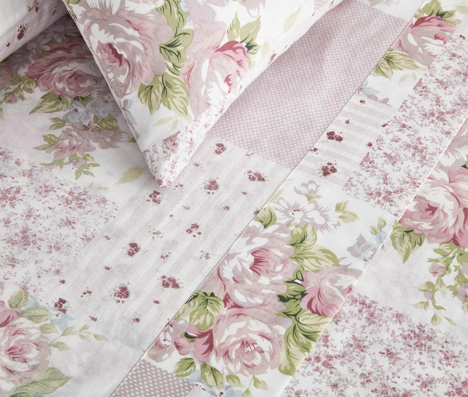 Chezmoi Collection Rosy 4-Piece Floral Patchwork Cotton Sheet Set King- Ivory Green Pink Flower Polka Dot Floral Patchwork Printed 100% Cotton Bed Sheets