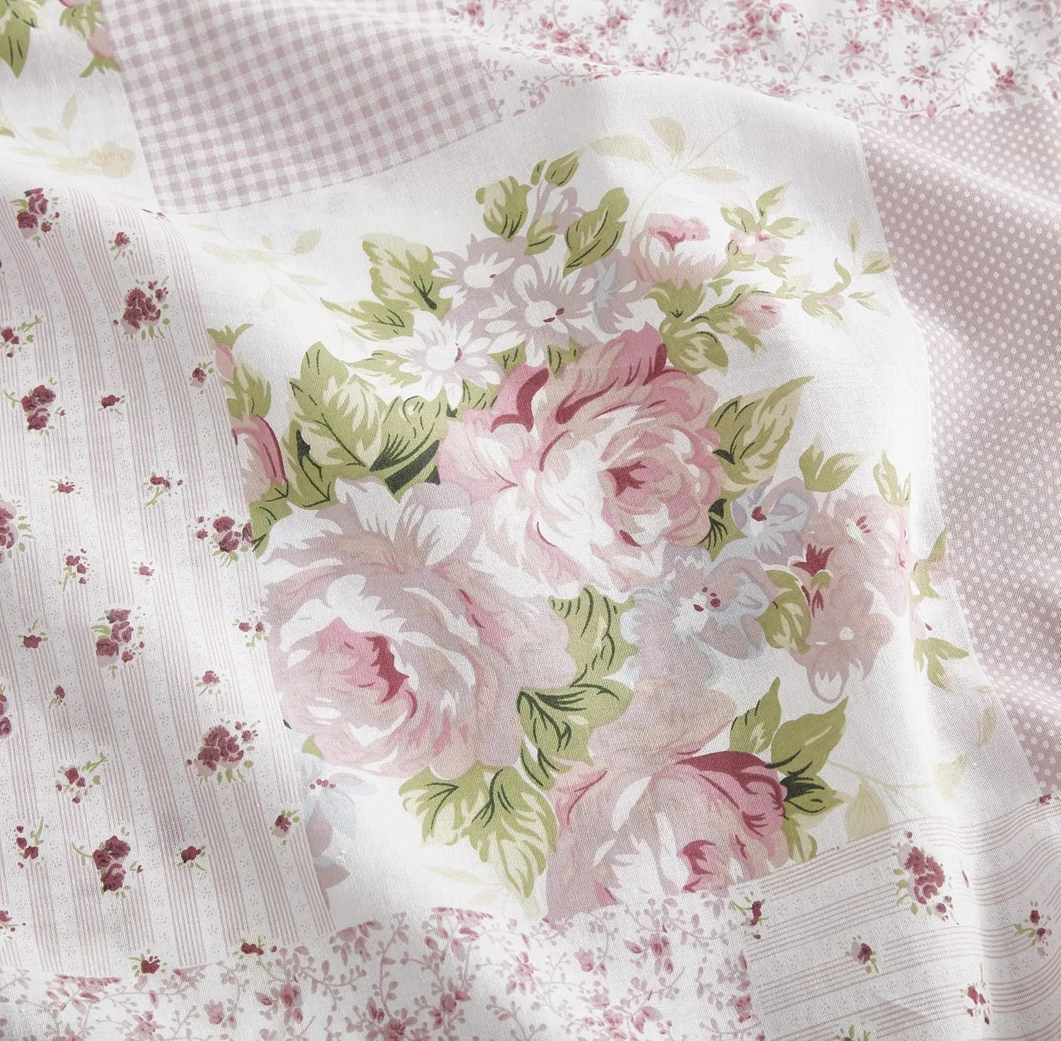 Chezmoi Collection Rosy 4-Piece Floral Patchwork Cotton Sheet Set King- Ivory Green Pink Flower Polka Dot Floral Patchwork Printed 100% Cotton Bed Sheets