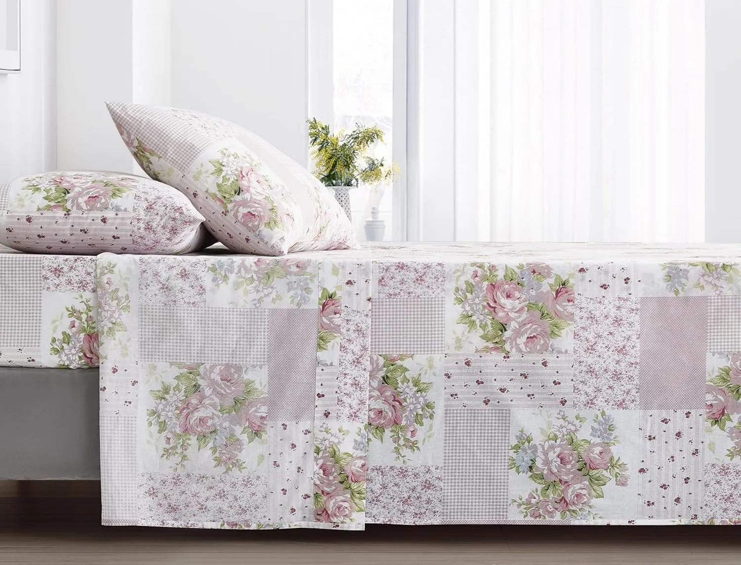 Chezmoi Collection Rosy 4-Piece Floral Patchwork Cotton Sheet Set King- Ivory Green Pink Flower Polka Dot Floral Patchwork Printed 100% Cotton Bed Sheets