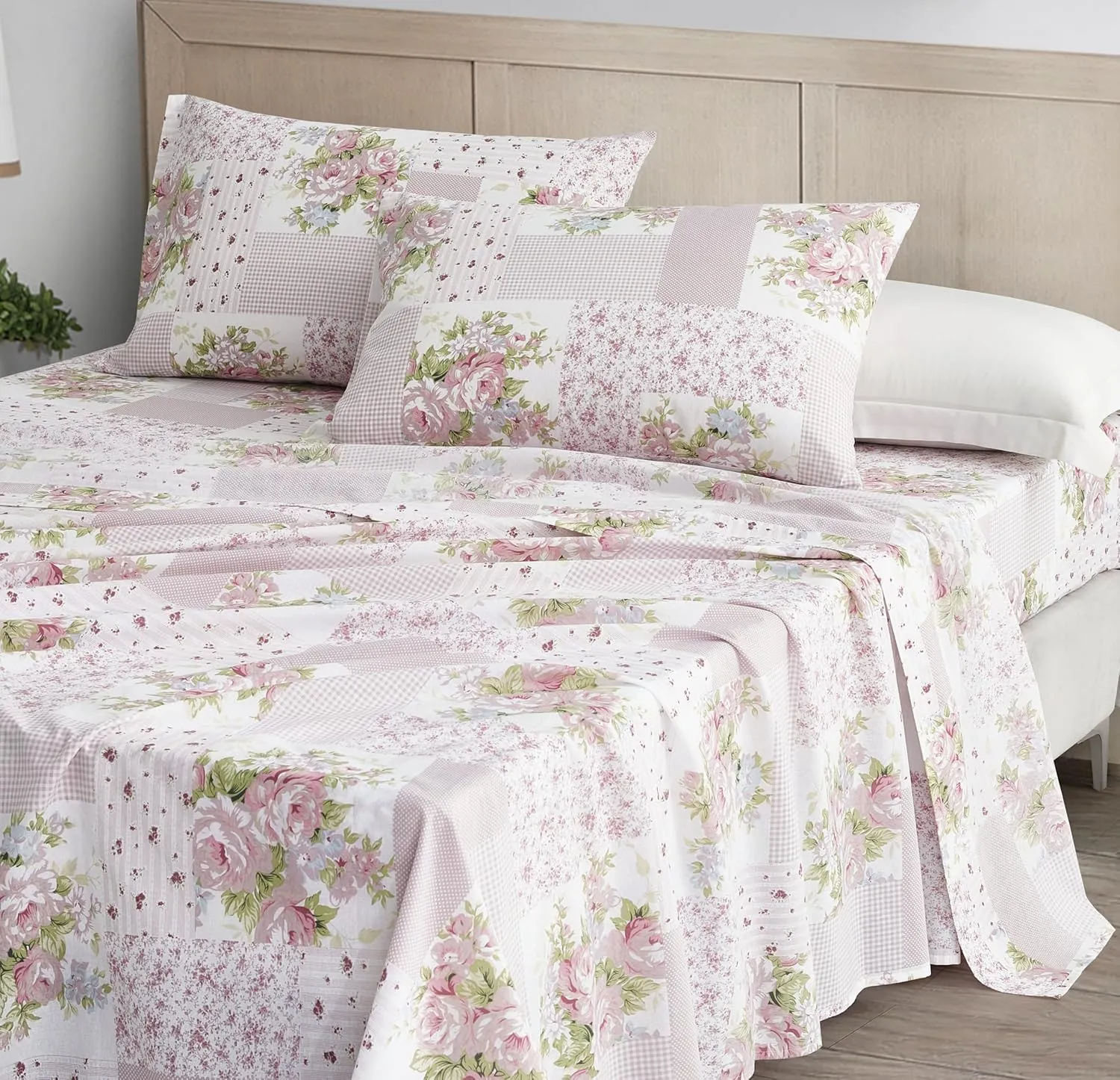 Chezmoi Collection Rosy 4-Piece Floral Patchwork Cotton Sheet Set King- Ivory Green Pink Flower Polka Dot Floral Patchwork Printed 100% Cotton Bed Sheets