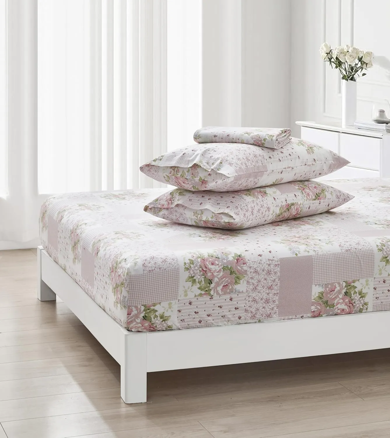 Chezmoi Collection Rosy 4-Piece Floral Patchwork Cotton Sheet Set King- Ivory Green Pink Flower Polka Dot Floral Patchwork Printed 100% Cotton Bed Sheets