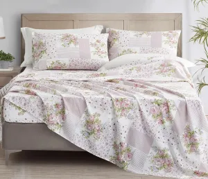 Chezmoi Collection Rosy 4-Piece Floral Patchwork Cotton Sheet Set King- Ivory Green Pink Flower Polka Dot Floral Patchwork Printed 100% Cotton Bed Sheets