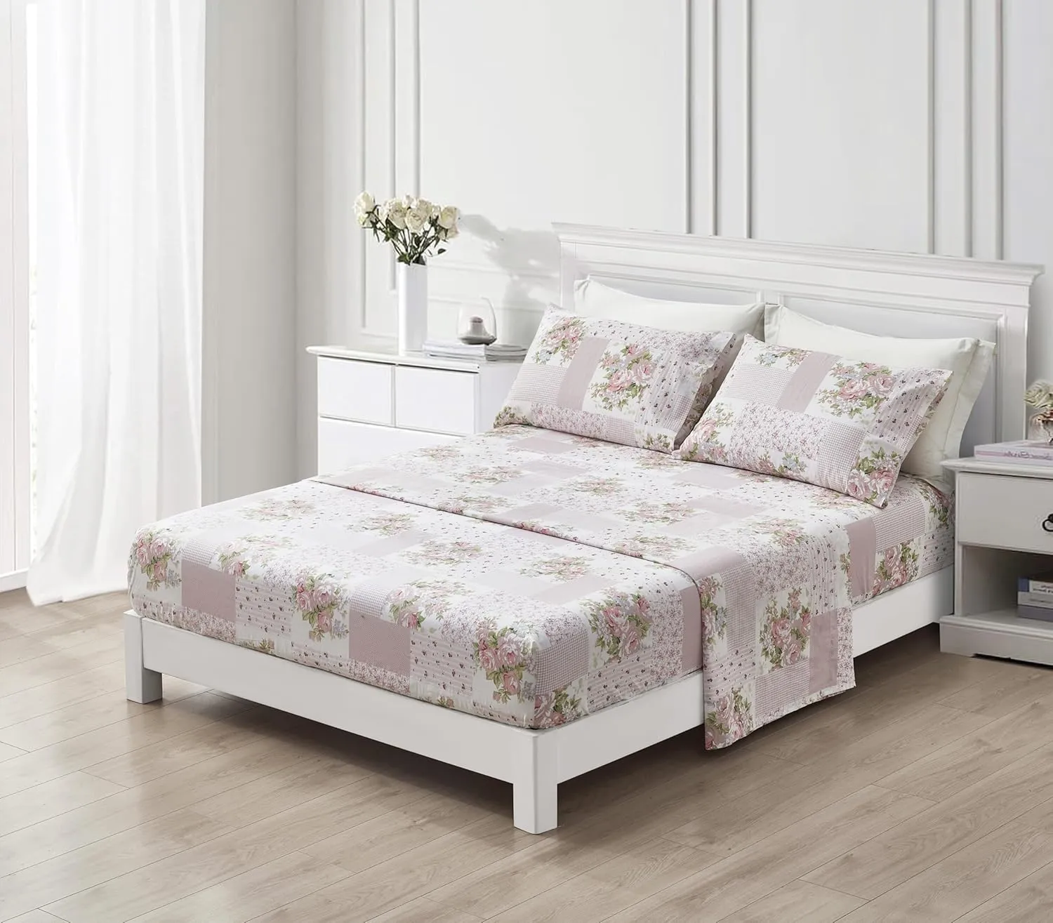 Chezmoi Collection Rosy 4-Piece Floral Patchwork Cotton Sheet Set King- Ivory Green Pink Flower Polka Dot Floral Patchwork Printed 100% Cotton Bed Sheets
