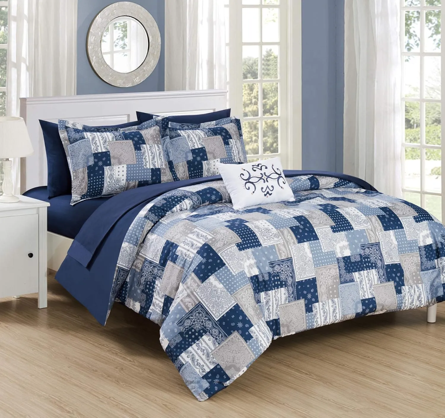 Chic Home Millennia 8 Piece Reversible Comforter Patchwork Bohemian Paisley Print Design Bed in a Bag-Sheet Set Pillowcases Decorative Pillow Shams Included, Queen, Blue