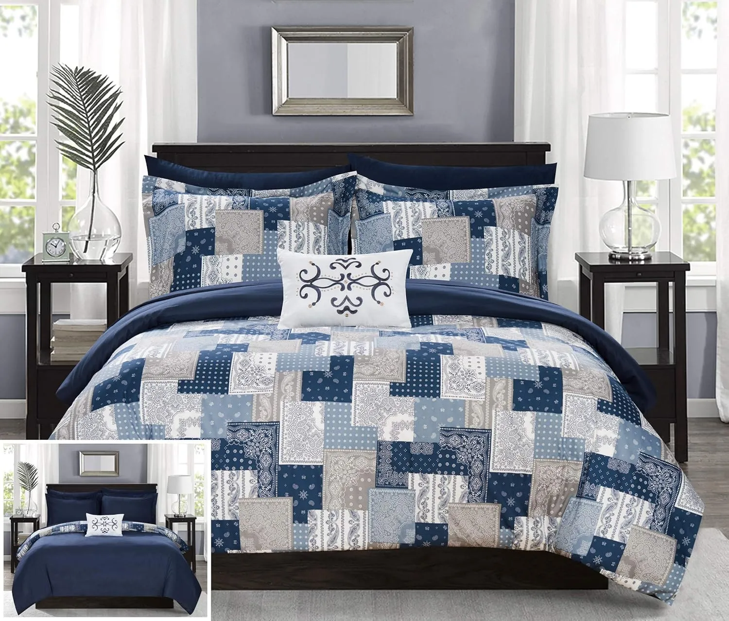 Chic Home Millennia 8 Piece Reversible Comforter Patchwork Bohemian Paisley Print Design Bed in a Bag-Sheet Set Pillowcases Decorative Pillow Shams Included, Queen, Blue