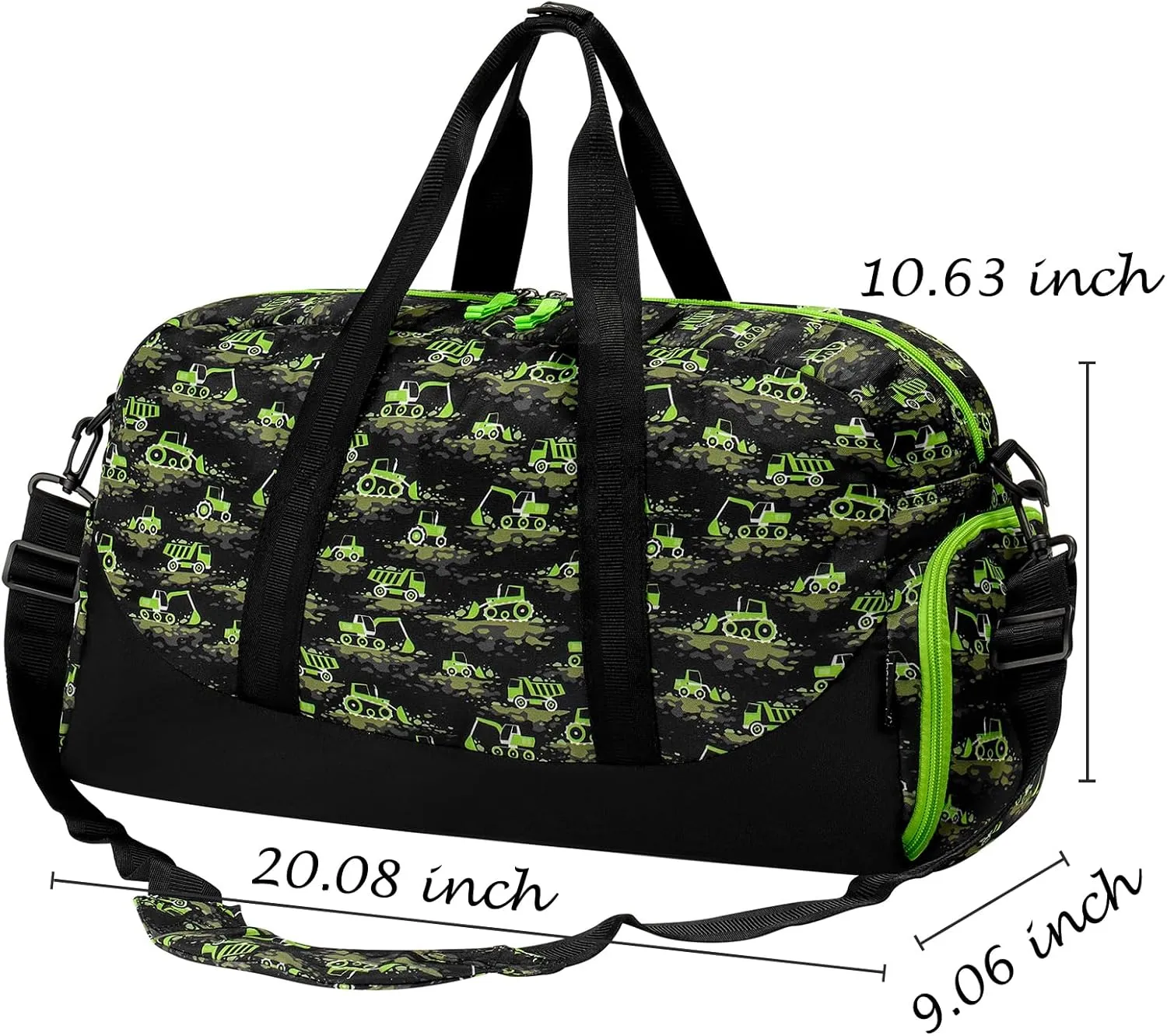Choco Mocha Kids Duffle Bag Boys Excavator Duffle Bag for Kids Travel Bag Boys Overnight Bag for Kids Duffel Bags Toddler Weekender Bag Children Kids Gym Sports Sleepover Bag 6-8 Neon Green, CM039-20