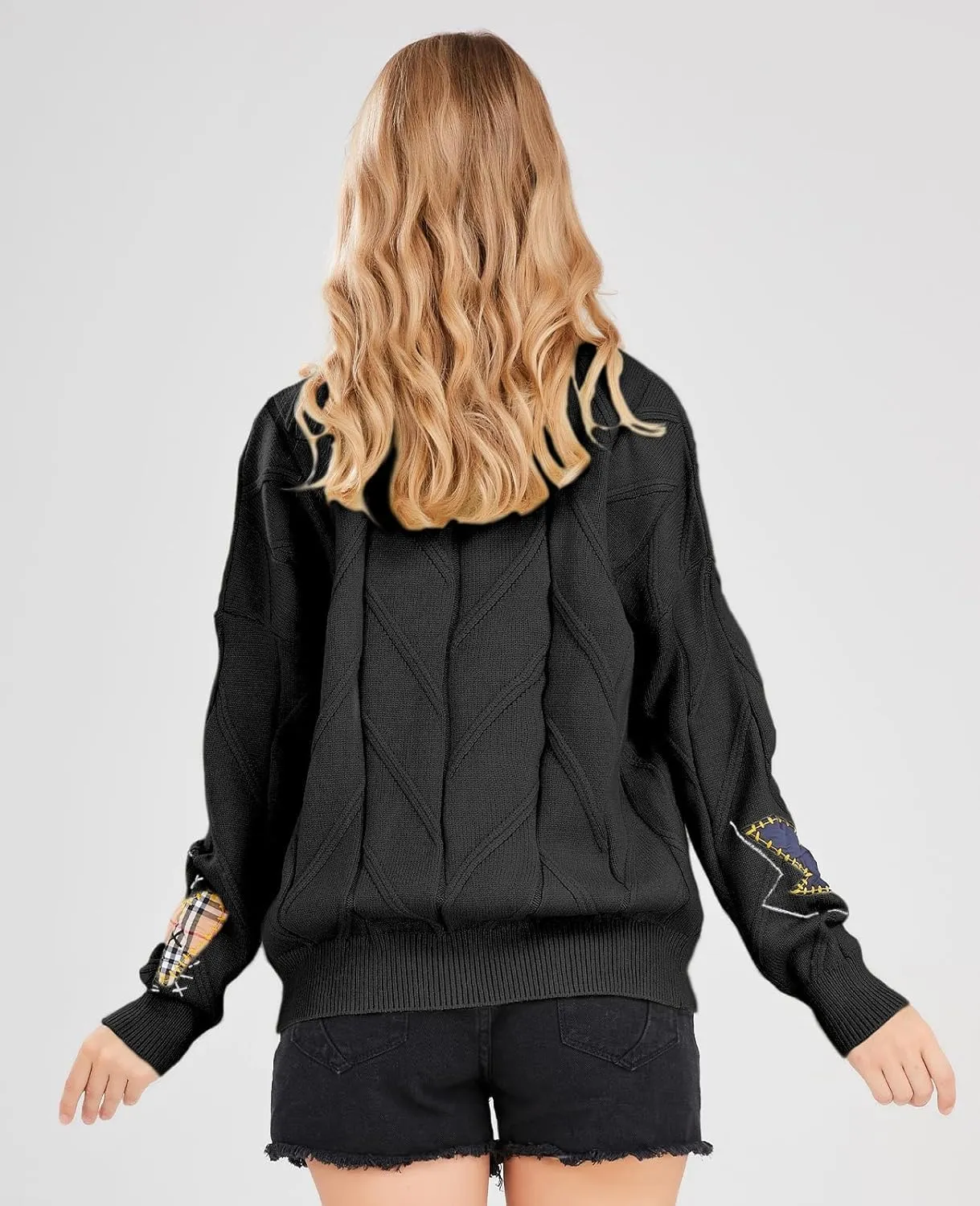 chouyatou Women's Cable Knit Embroidery Patchwork Cardigan V Neck Long Sleeve Open Front Button Down Sweater