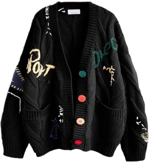 chouyatou Women's Cable Knit Embroidery Patchwork Cardigan V Neck Long Sleeve Open Front Button Down Sweater