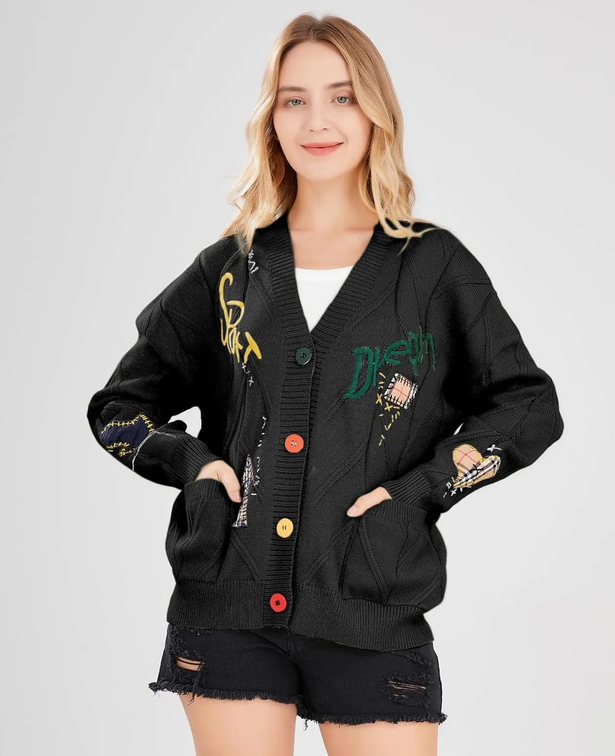 chouyatou Women's Cable Knit Embroidery Patchwork Cardigan V Neck Long Sleeve Open Front Button Down Sweater