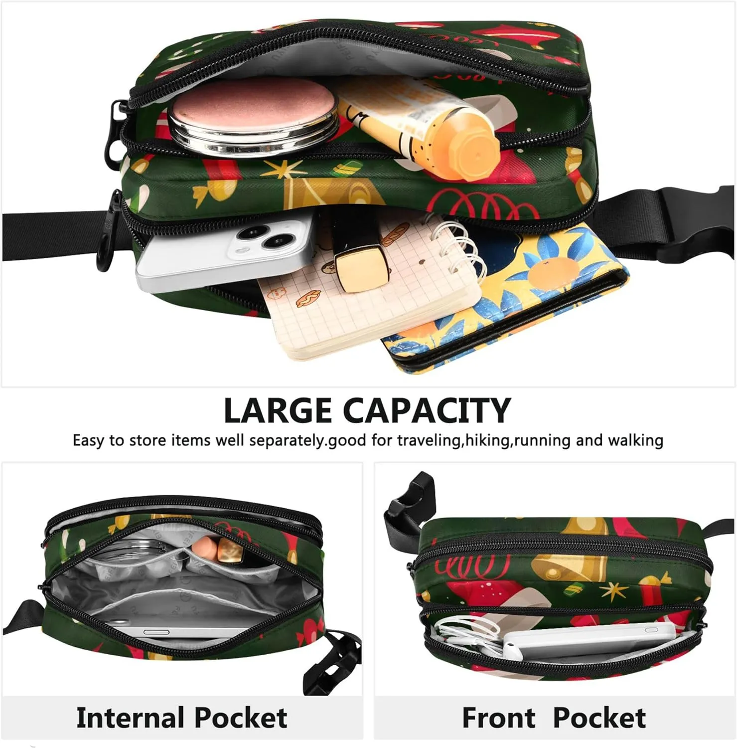 Christmas Santa Hat Bell Waterproof Fanny Packs for Women Hip Pack Belt Bag Bright Cross Body Waist Pack