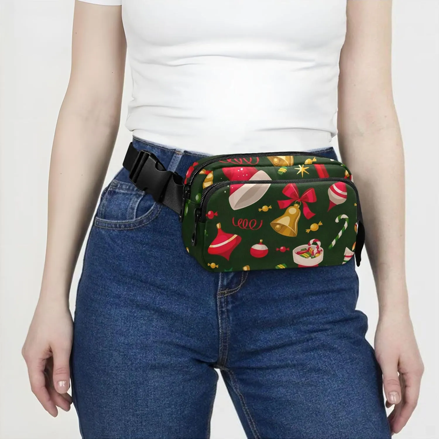 Christmas Santa Hat Bell Waterproof Fanny Packs for Women Hip Pack Belt Bag Bright Cross Body Waist Pack