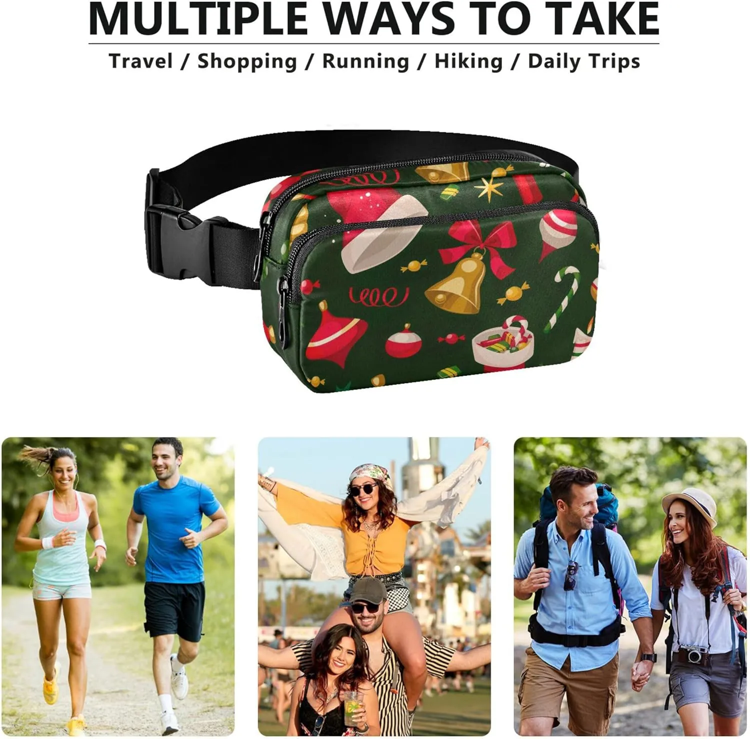 Christmas Santa Hat Bell Waterproof Fanny Packs for Women Hip Pack Belt Bag Bright Cross Body Waist Pack